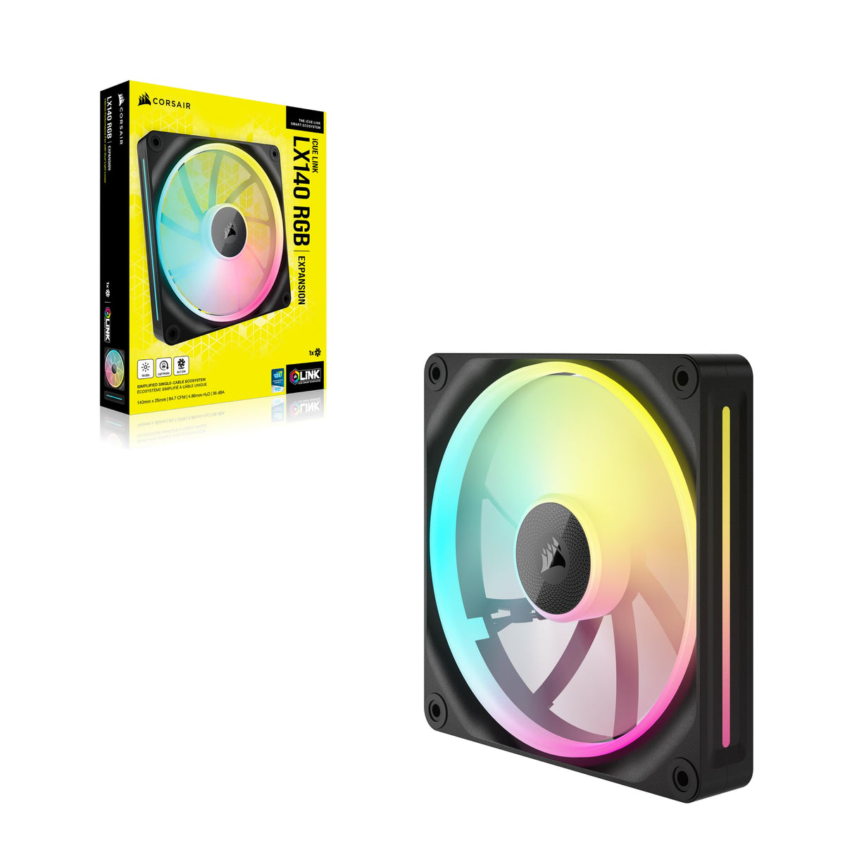 CORSAIR iCUE LINK LX140 RGB ventilator de 140mm PWM, pachet individual – Dual Light Loops – Necesită hub de sistem iCUE LINK (vândut separat) – Tehnologie CORSAIR AirGuide – Negru - CO-9051027-WW
