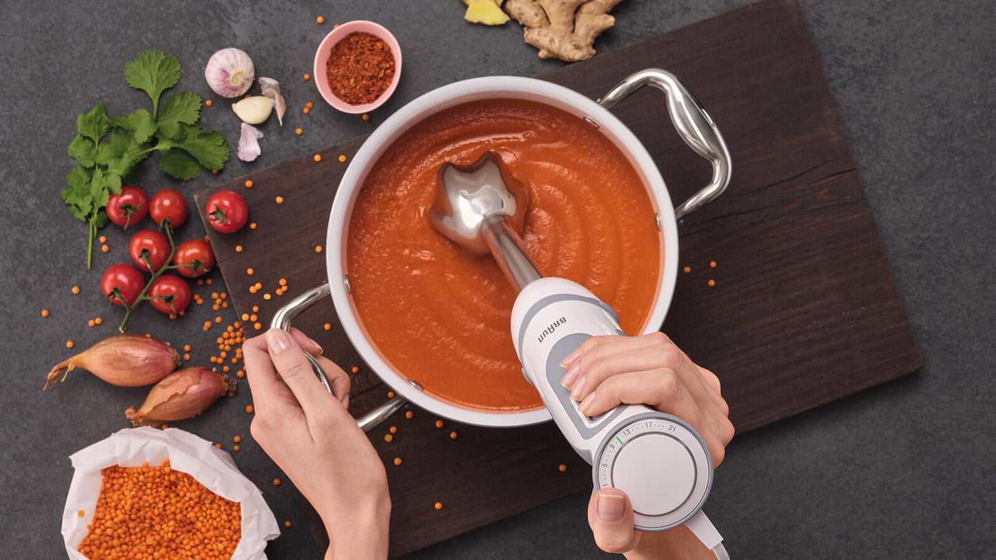 Braun hand blender MQ 5220WH hand blender - MultiQuick 5 Vario hand blender with stainless steel mixing foot, 1000 watts, including 2-piece accessory set, white/gray
