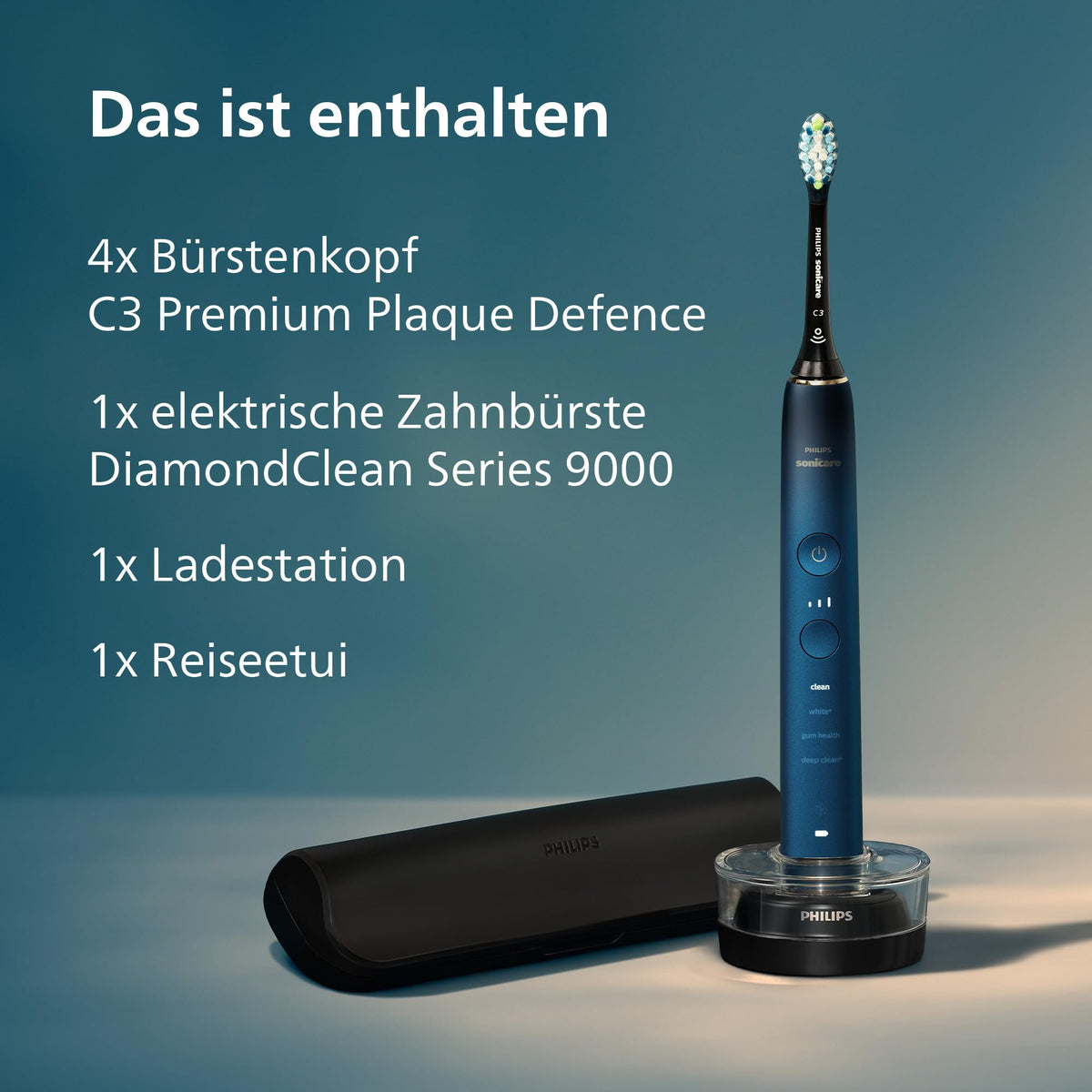 Philips Sonicare DiamondClean electric toothbrush from the 9000 series – sonic toothbrush for cleaner teeth and oral care with 4x C3 Premium Plaque Defense brush heads, Aquamarine (Model HX9911/89)