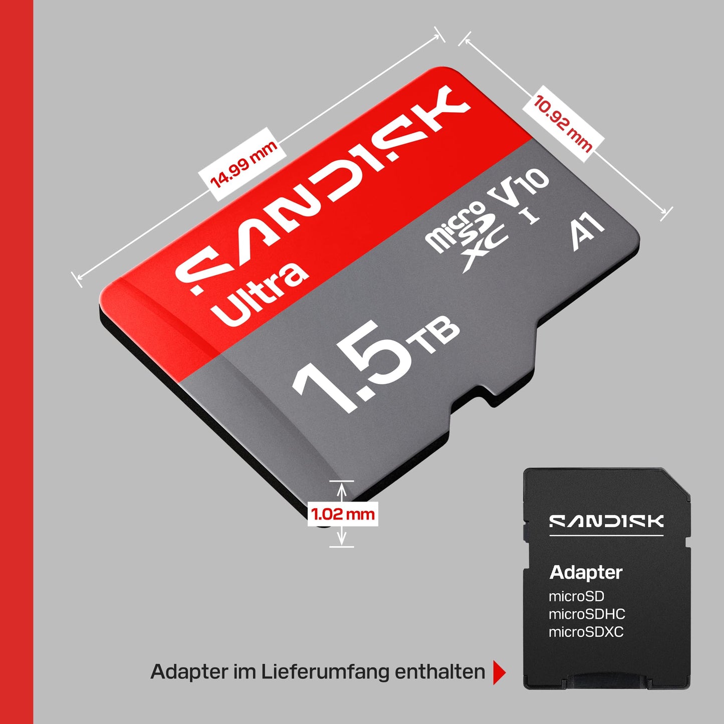 SANDISK Ultra microSDXC 1.5TB, UHS-I + SD Adapter (up to 195MB/s Read, Full HD Video, V10, U1, C10, A1) Card for Android smartphones or tablets, cameras and laptops - SDSQUJQ-1T50-GZ6MA