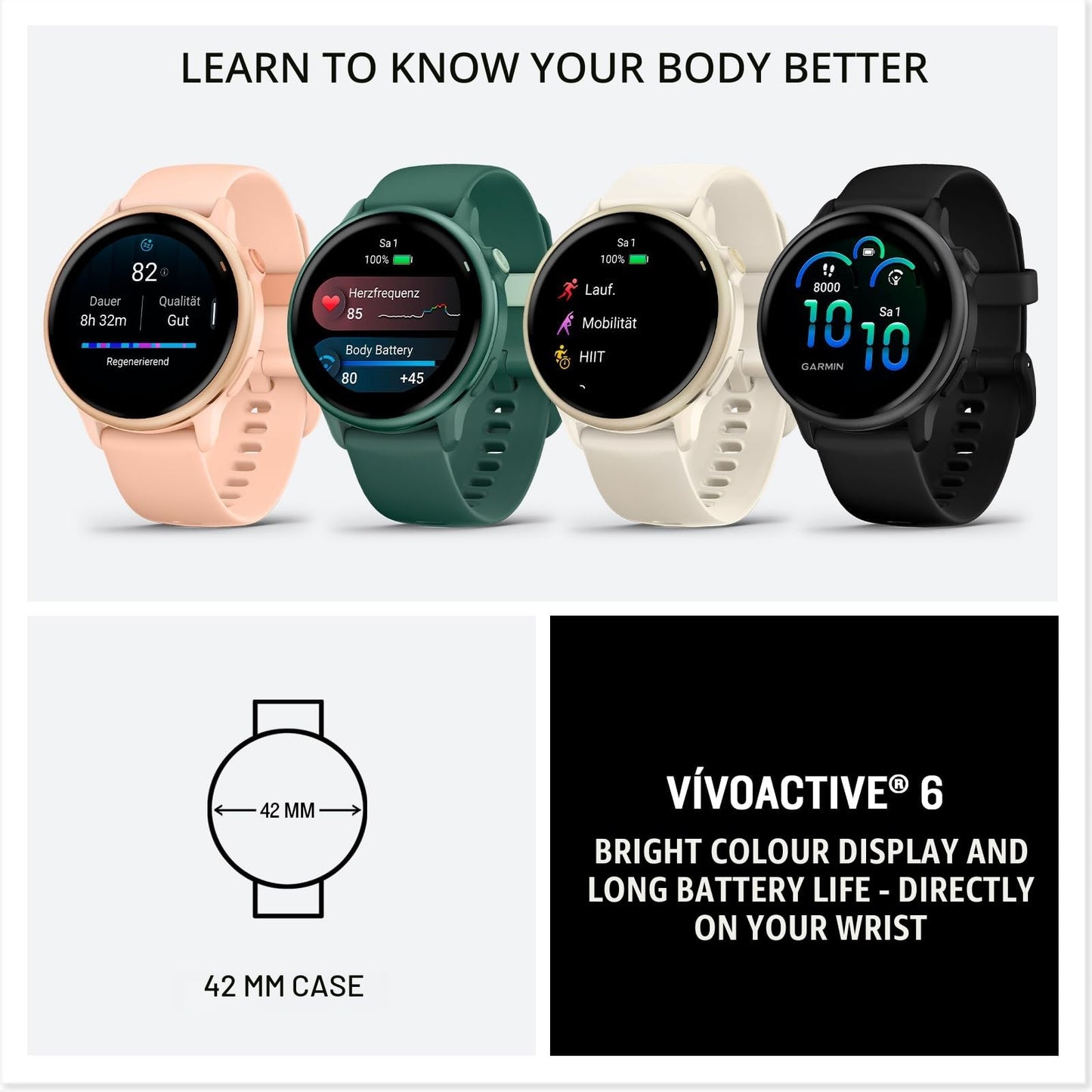 Garmin vívoactive 6 42mm - fitness smartwatch, 1.2" AMOLED touch display, up to 11 days battery life, 80+ sports apps, training options, health functions, smart notifications, GarminPay - 010-02985-01