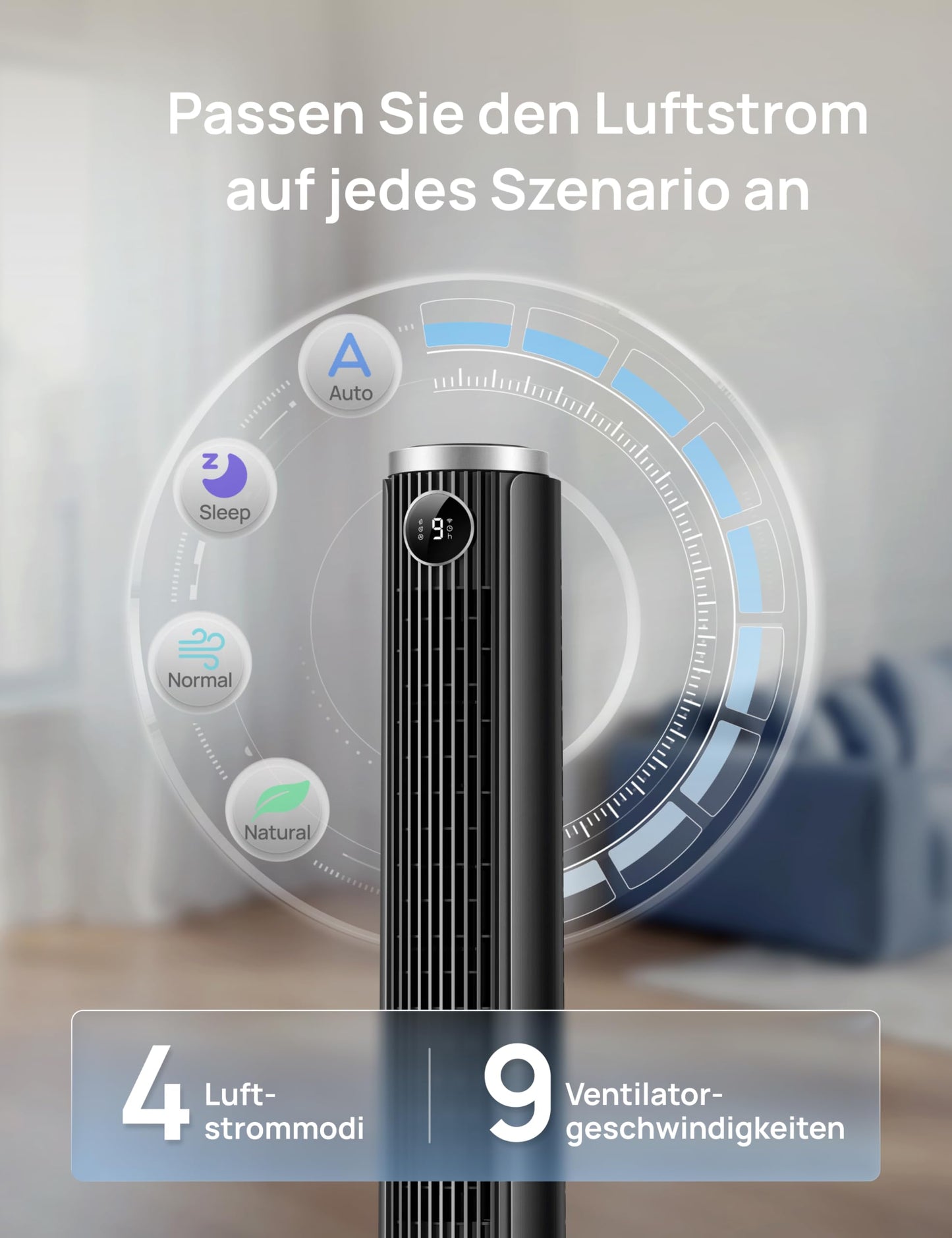 DREO Smart 102-114cm tower fan for bedroom, height adjustable, 8.4m/s, DC motor, 9 levels, 4 modes, 90° oscillation, pedestal fan, 20dB quiet, 12H timer for home and office, Google/Alexa - DR-HTF024S