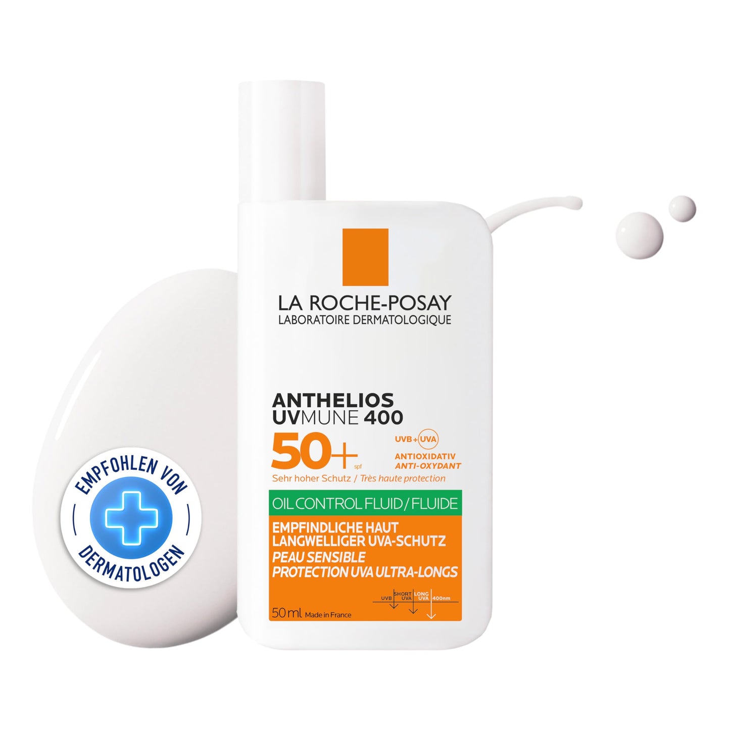 La Roche Posay sun fluid, for the face and oily skin, transparent and mattifying, with Airlicium technology, fragrance-free, Anthelios UVmune 400 Oil Control Fluid SPF 50+, 50 ml - 3337875847292