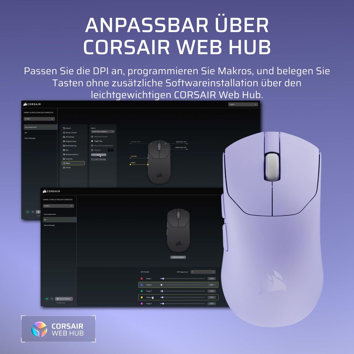 Corsair Sabre v2 PRO Ultralight Mouse de Gaming FPS Fără Fir – Lavandă - CH-931G006-WW