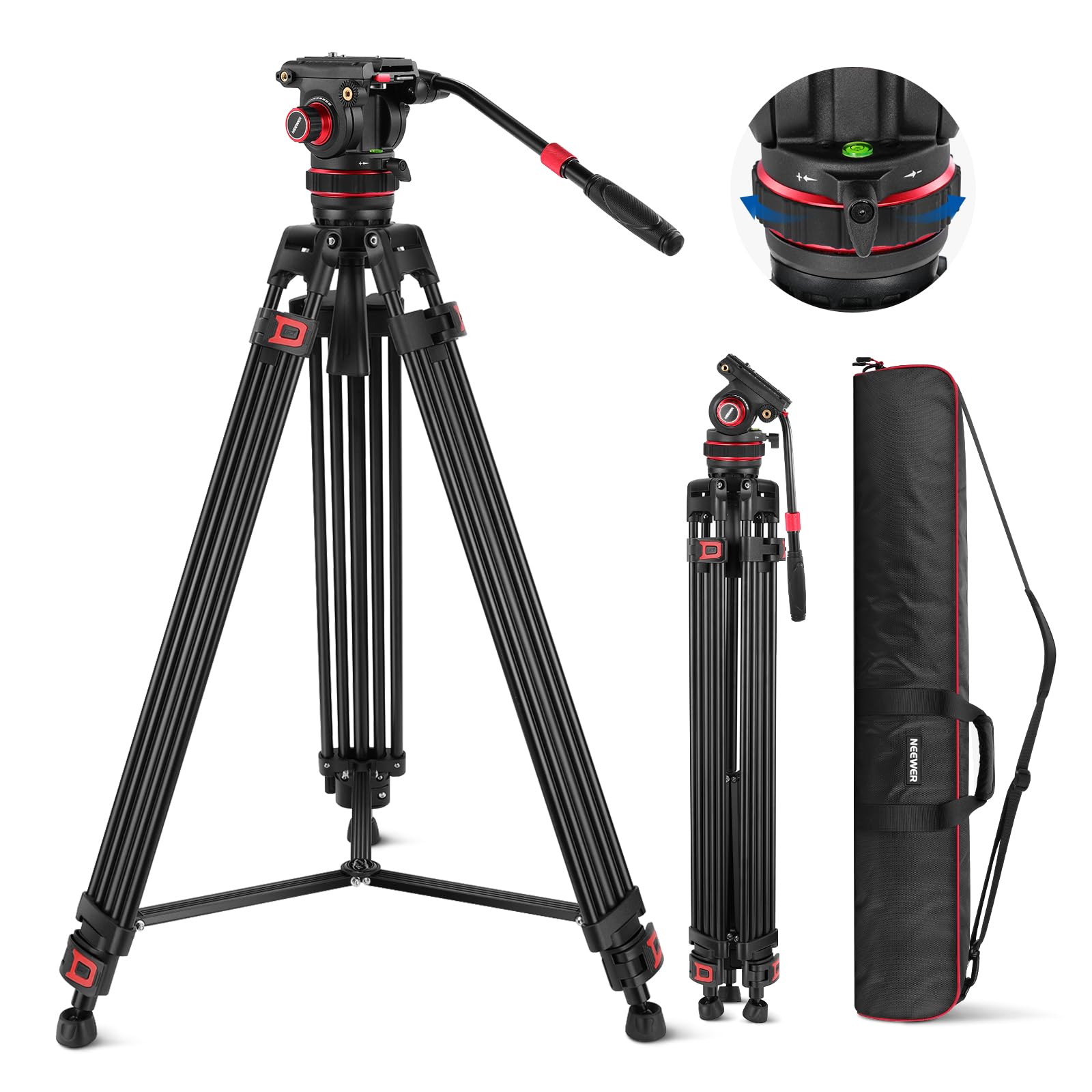 NEEWER 189cm video tripod video tripod with damping fluid head, metal heavy duty dual mode QR plate, photo tripod camera tripod compatible with DJI RS gimbals, TP75