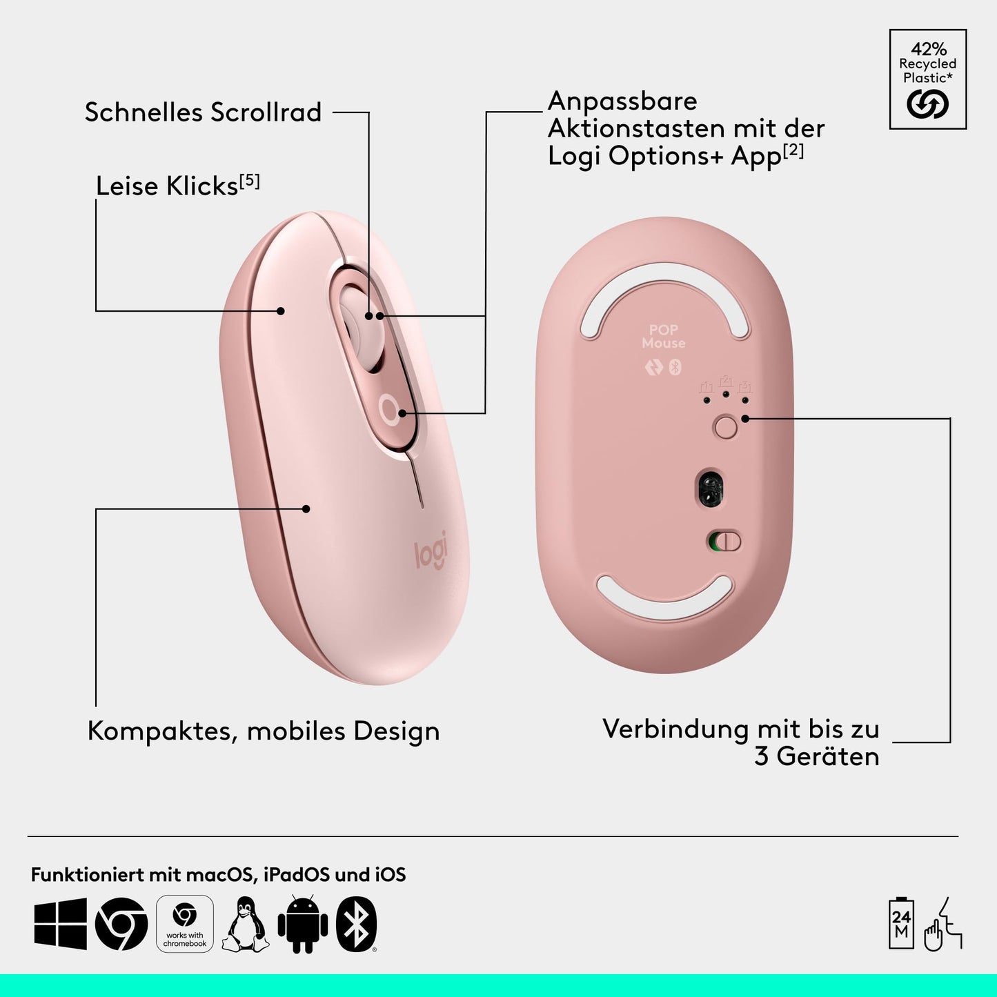 Logitech POP ICON Combo, Bluetooth Keyboard Mouse Set, Comfortable Typing, Programmable Buttons, Quiet Clicks, Easy Switch for up to 3 Devices - Pink - 920-013108