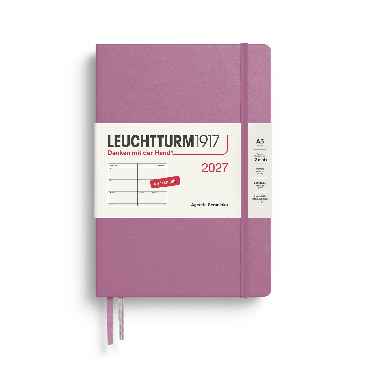 LEUCHTTURM1917 Calendar săptămânal 2027 Mediu (A5) - Franceză, Dusty Rose, Hardcover, 12 luni - ianuarie-decembrie 2027, 1 săptămână pe pagină dublă cu compatibilitate ridicată cu cerneală - 400403