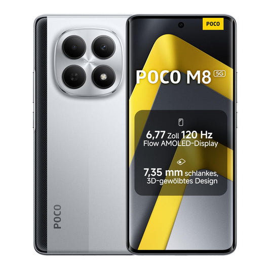 XIAOMI Poco M8 5G Smartphone, 8GB RAM + 512GB Storage, Mobile Phone with Android, 6.77" 120Hz Flow AMOLED, 50MP AI Dual Camera, 7.35mm 3D Curved Design, Silver, 2 Year Warranty
