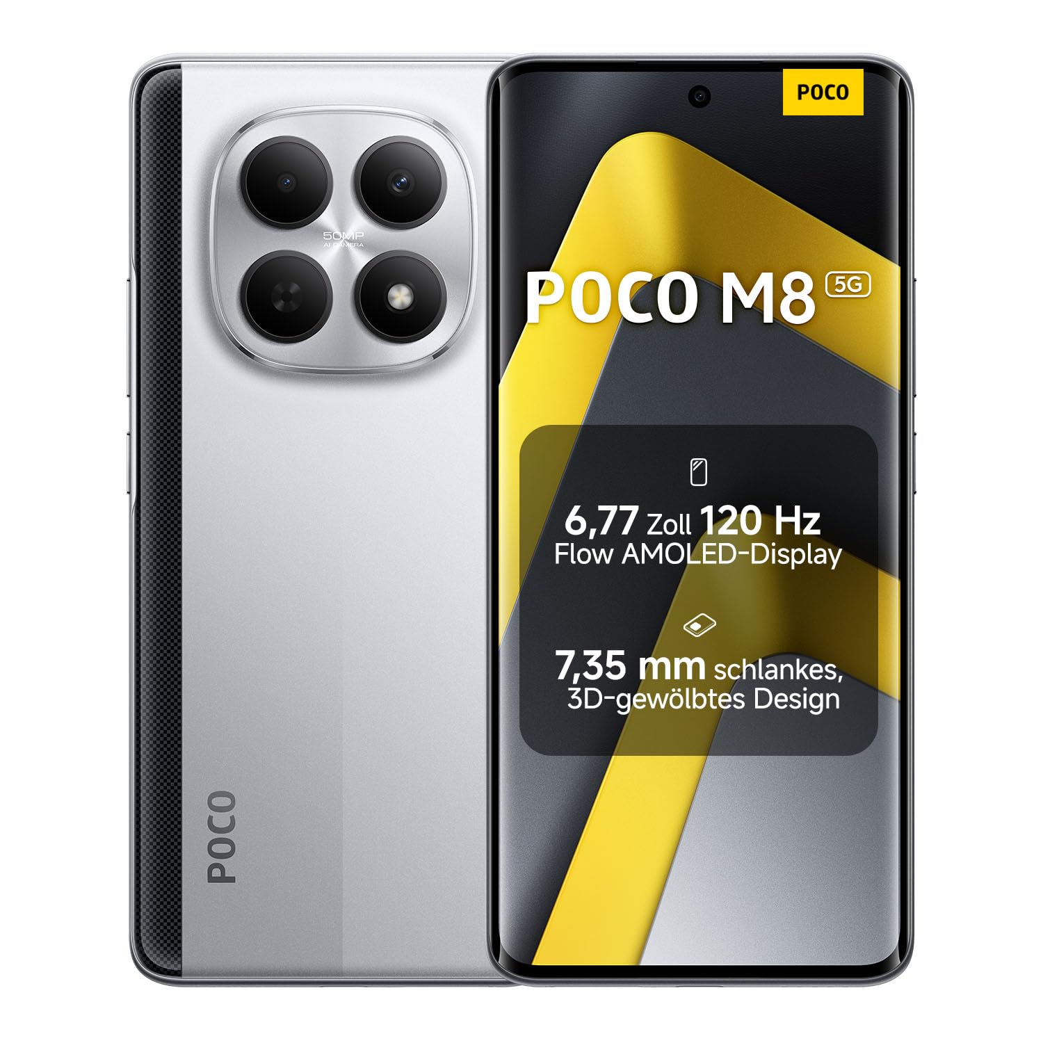 XIAOMI Poco M8 5G Smartphone, 8 GB RAM + 256 GB Storage, Mobile Phone with Android, 6.77" 120 Hz Flow AMOLED Display, 50 MP AI Dual Camera, 7.35 mm Slim 3D Curved Design, Silver, 2 Year Warranty - MZB0NF8EU