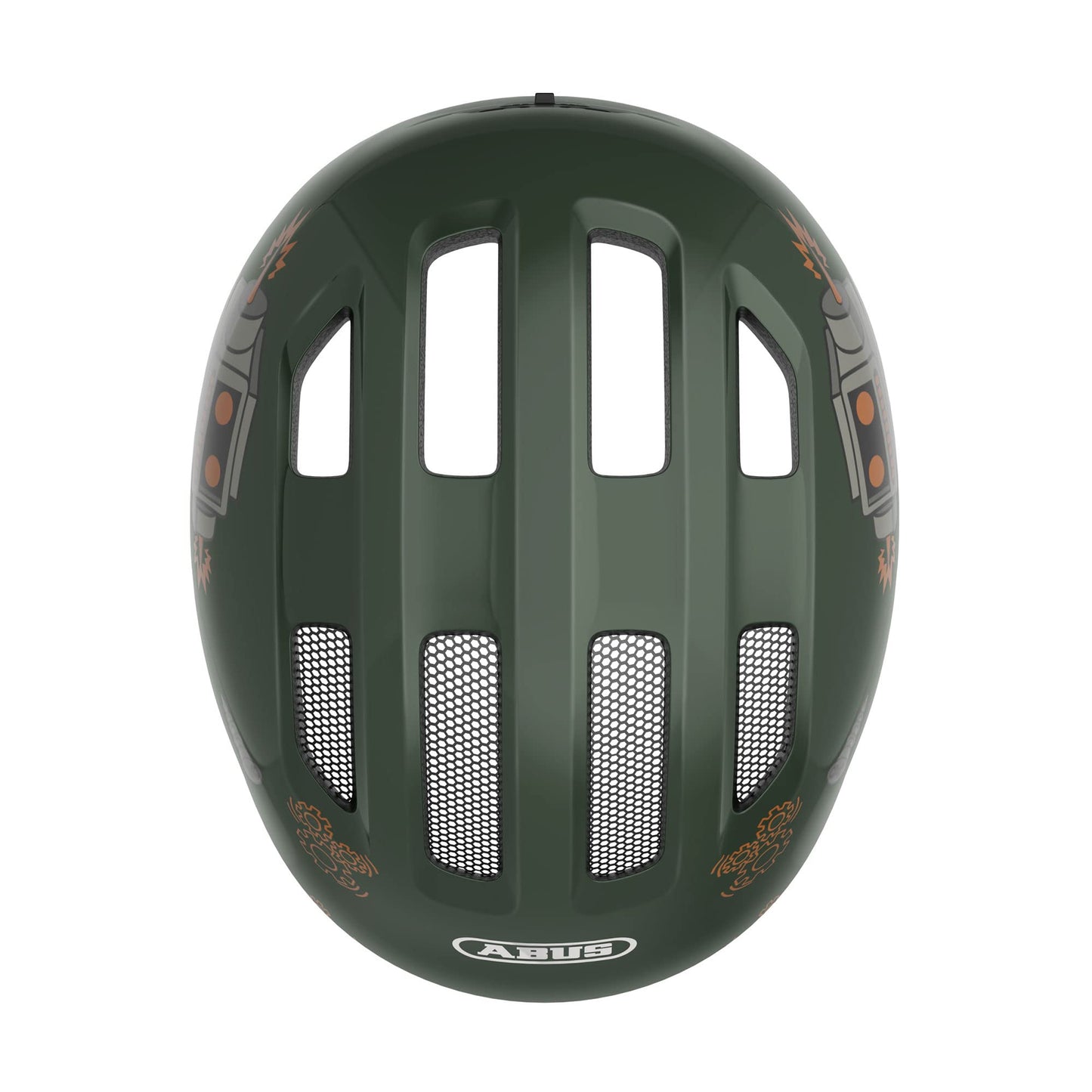 ABUS children's helmet Smiley 3.0 - bicycle helmet with a deep fit, child-friendly designs & space for a braid - for girls and boys - green with robot pattern, size M - 67268