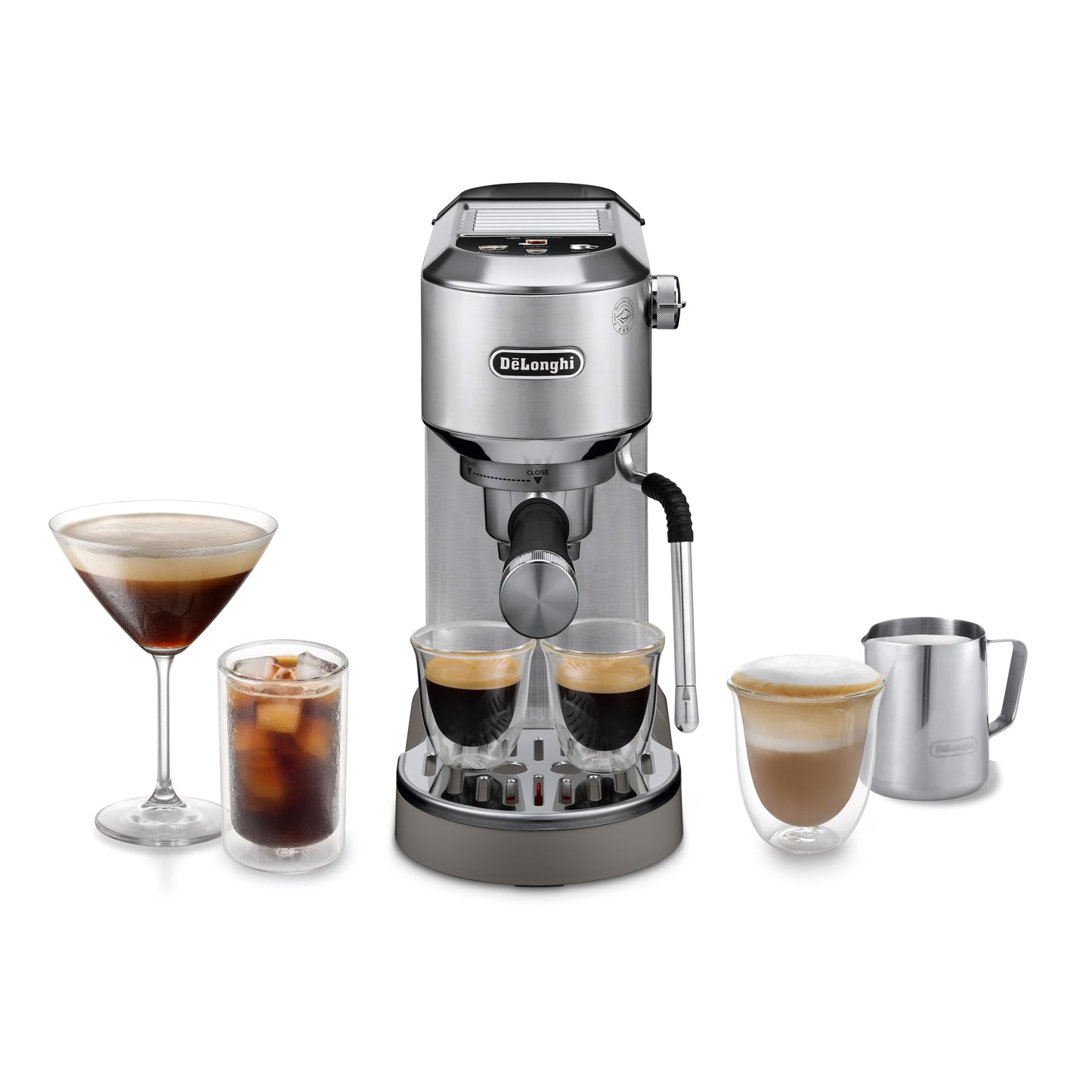 De'Longhi Dedica Duo - Perfetto compact portafilter machine espresso machine with soft-touch icons, manual milk frother for espresso, cappuccino and cold brew, 15cm wide, metal (EC890.M)