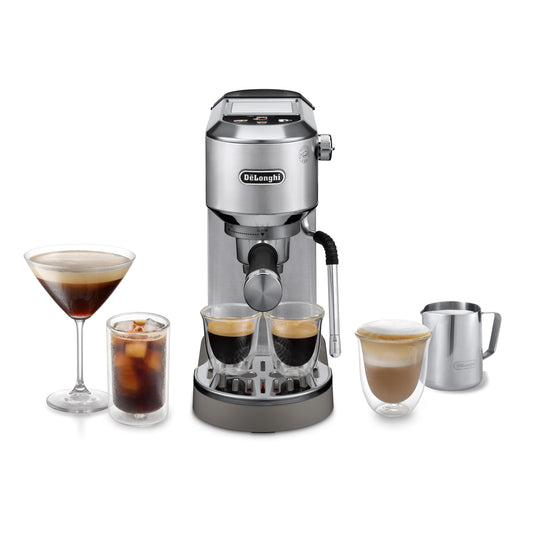 De'Longhi Dedica Duo - Perfetto compact portafilter machine espresso machine with soft-touch icons, manual milk frother for espresso, cappuccino and cold brew, 15cm wide, metal (EC890.M)