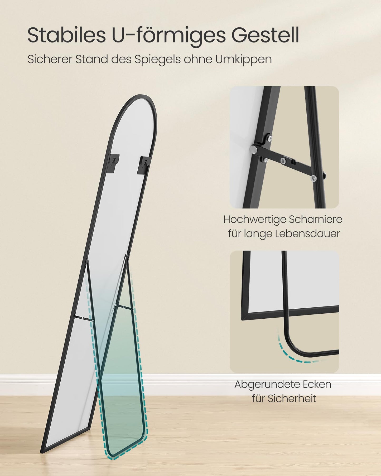 SONGMICS Full Length Mirror 150x40cm Arch Standing Mirror Aluminum Alloy Frame Tempered Glass for Bedroom Living Room Wardrobe Ink Black LFM035B01 - ULFM035B01