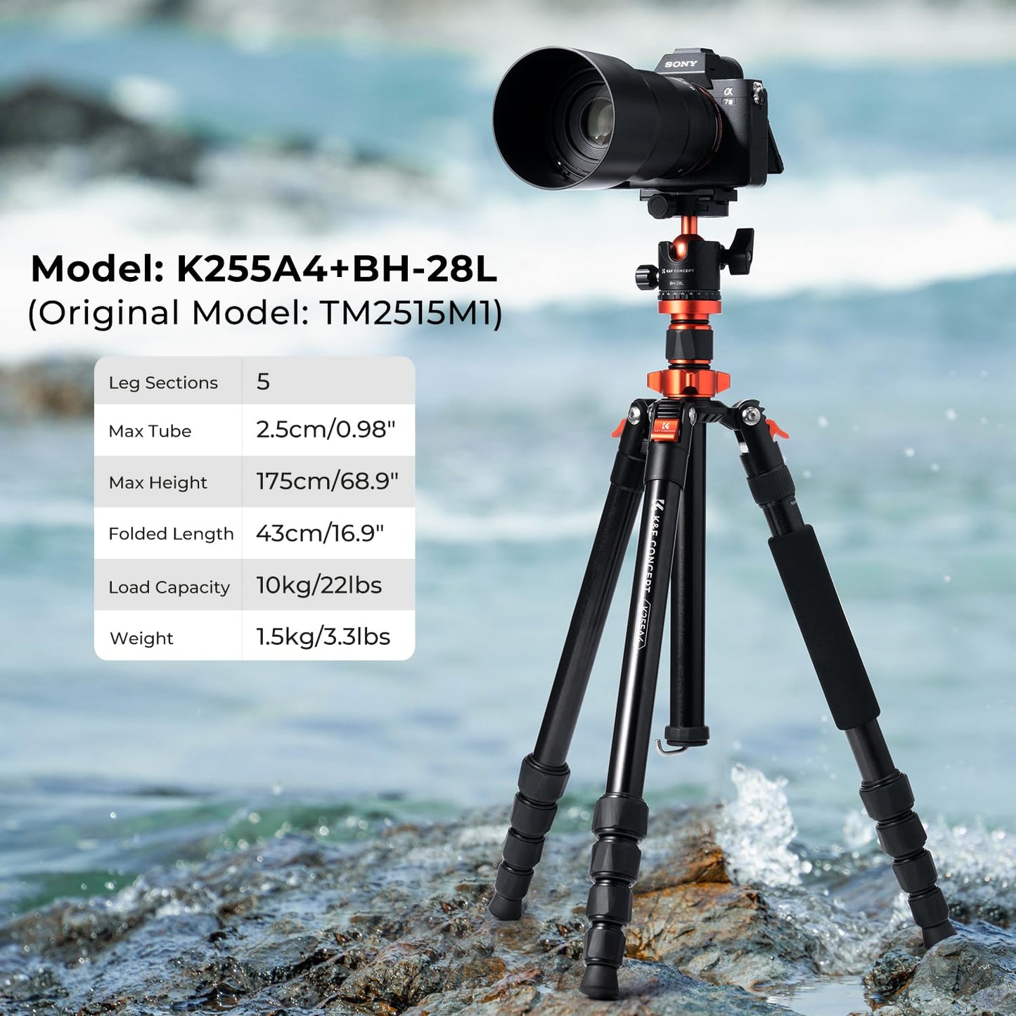 K&F Concept camera tripod, tripod with 360° ball head, portable tripod for Canon Nikon Sony and other DSLR cameras, aluminum photo tripod monopod K255A4+BH-28L - KF09.083V1