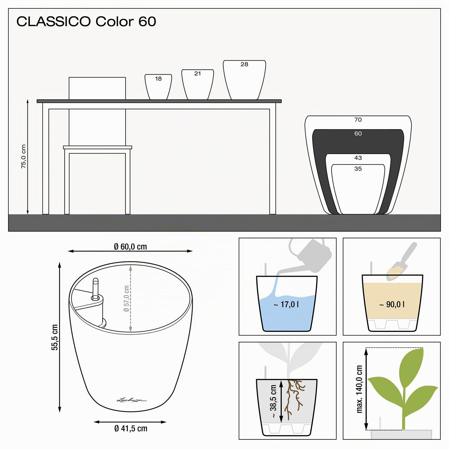 Lechuza 13333 Classico Color 60 Self-Watering Indoor/Outdoor Garden Planter 23" x 23" x 22" Sand Brown