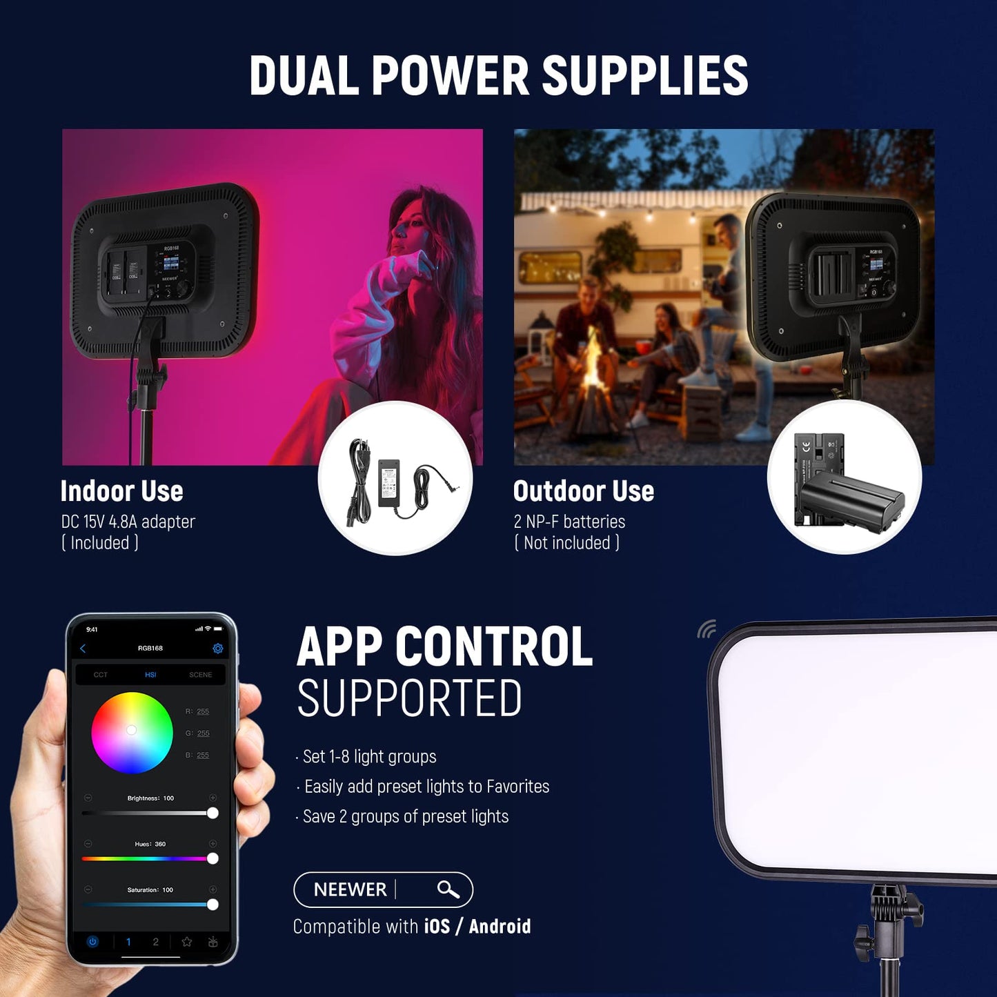 NEEWER RGB168 18.3" 60W RGB LED Video Light Panel with APP Control 360° Full Color Dimmable 2500K~8500K Video Photo Light CRI/TLCI 97+ with 17 Special Scenes Effect Studio Continuous Light Photography Key Light - 10100509