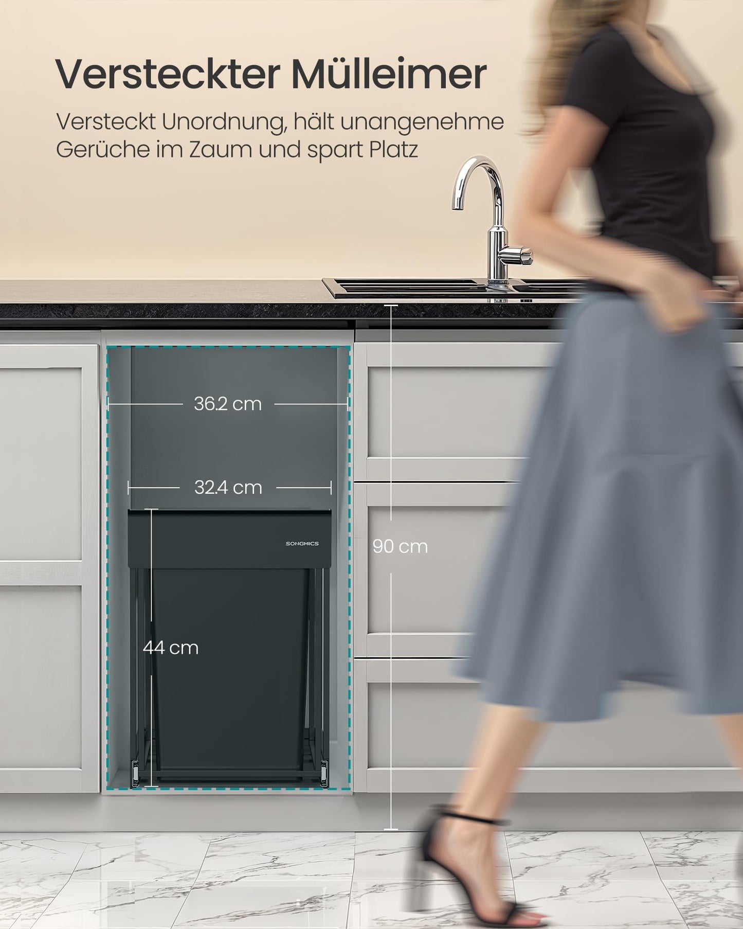 SONGMICS kitchen trash can, trash separation system for base cabinet, 2 x 20 L, trash can with 2 compartments, extendable, steel frame, ABS lid, ink black LTB951B01