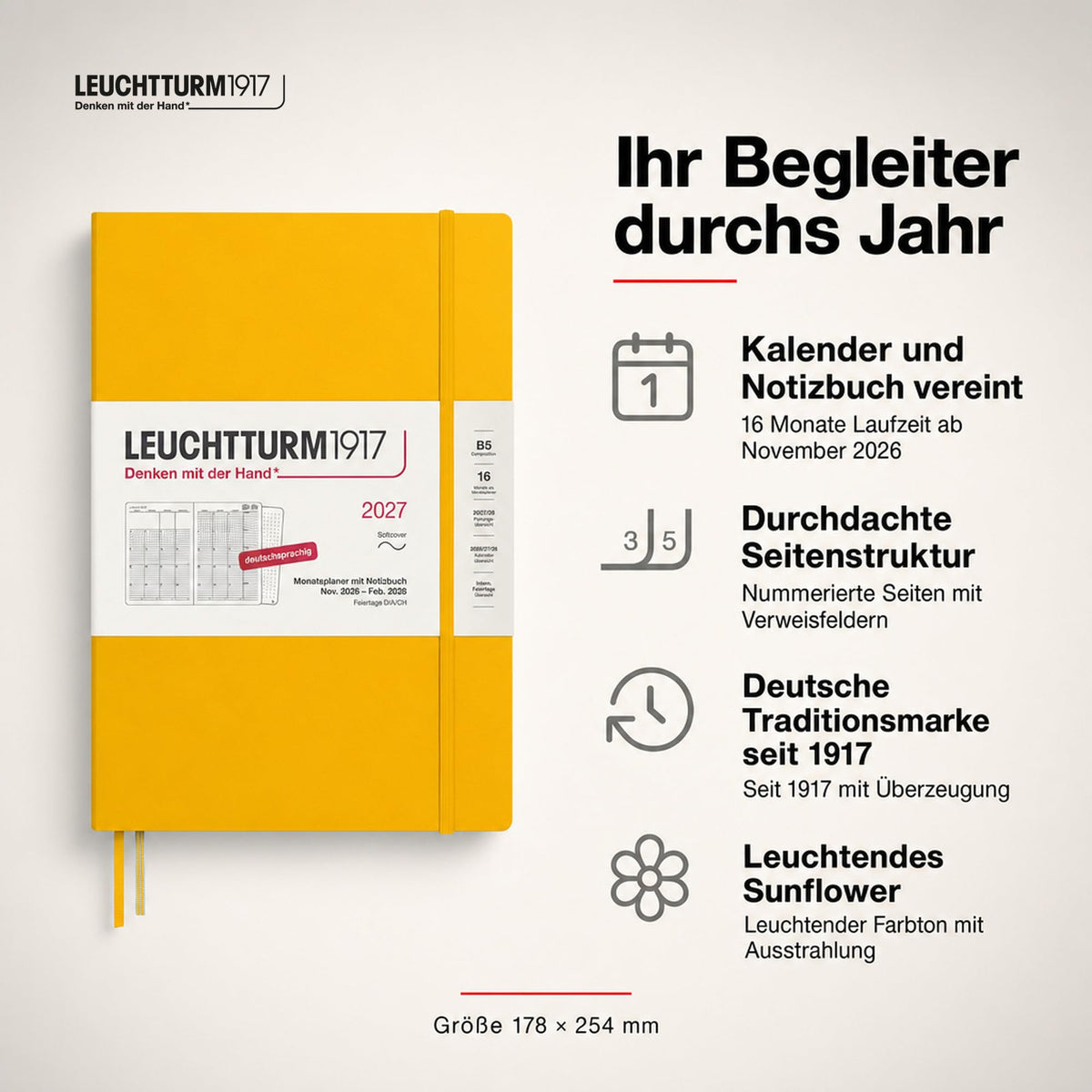 LEUCHTTURM1917 planificator lunar cu caiet 2027 Compoziție (B5) - germană, floarea soarelui, copertă moale, 178 x 254 mm, 16 luni (01.11.2026-28.02.2028), 132 pagini de note punctate cu cuprins - 400172