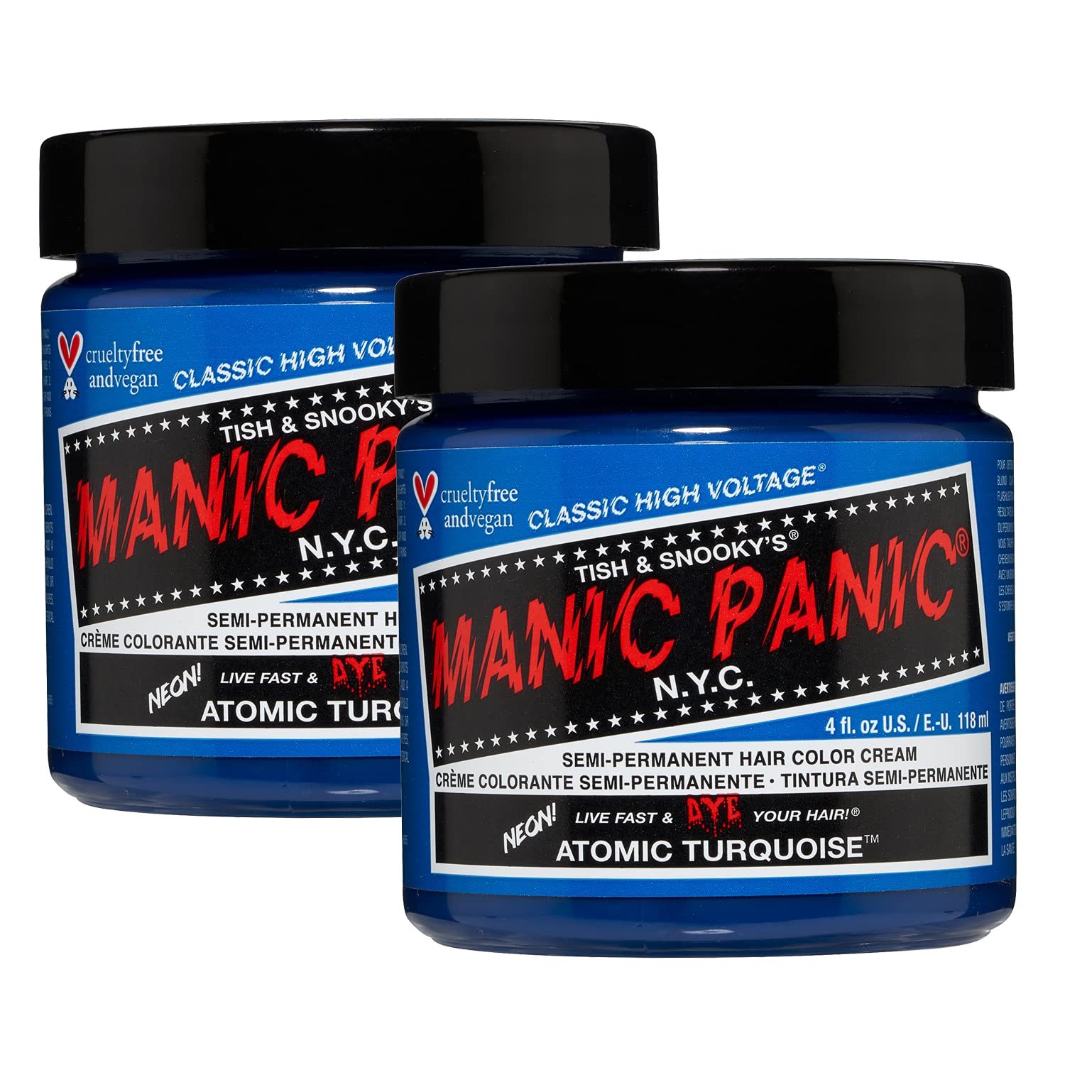 Manic Panic Classic High Voltage Semi-Permanent Bright Blue Hair Color Cream for Dark/Light Hair, Vegan, PPD and Ammonia Free, Ready to Use, Atomic Turquoise, Pack of 2 - HCR