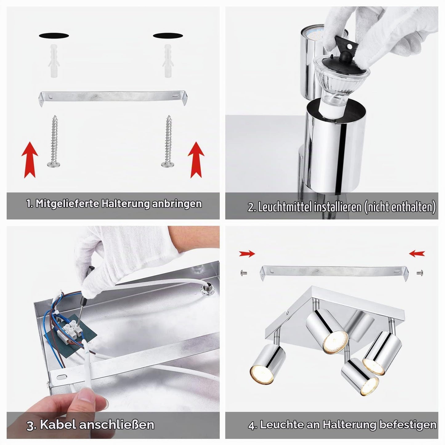 Dehobo LED ceiling spotlight 4 bulbs square swivel 350°, ceiling light spotlight GU10 ceiling lamp kitchen lamp ceiling spot for living room bedroom hallway, no GU10 bulb - D0460