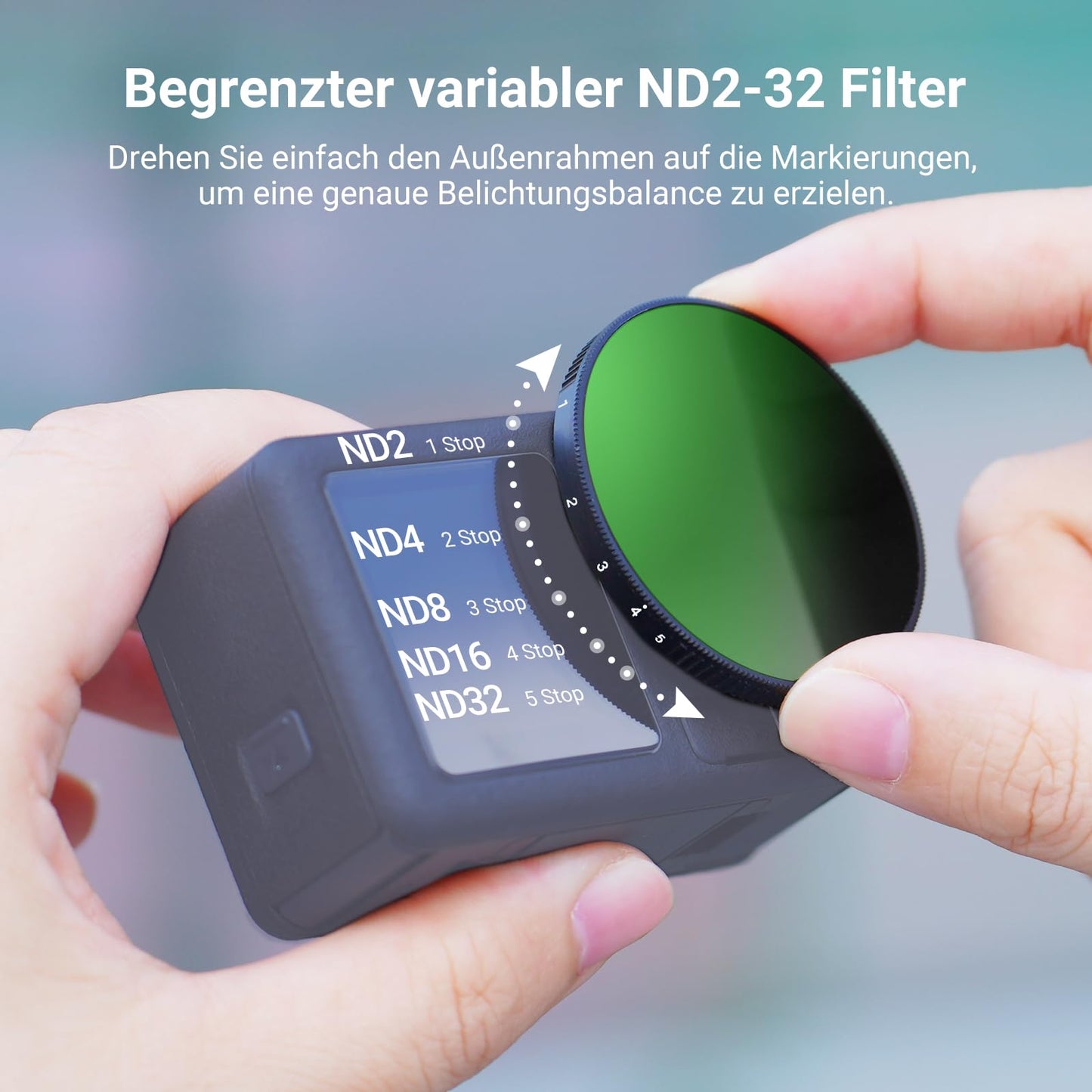 NEEWER Variable ND filter compatible with DJI Osmo Action 5 Pro/4/3, ND2-32, 1-5 Stop, Snap On, multi-coated HD optical glass, gray filter, action cam lens filter, photography accessories - 10107500