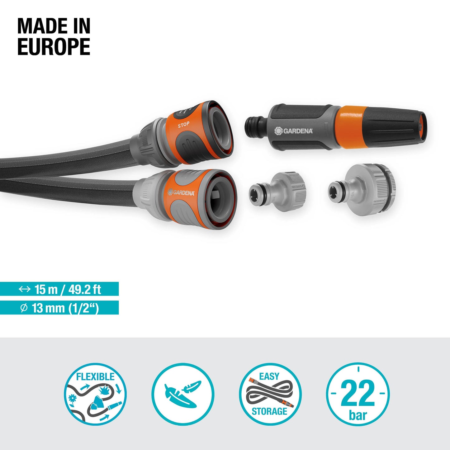 Gardena Liano Life textile hose 1/2 inch, 15m set: highly flexible garden hose made of textile fabric, with PVC inner hose, no kinking, lightweight, weather-resistant (18445-20)