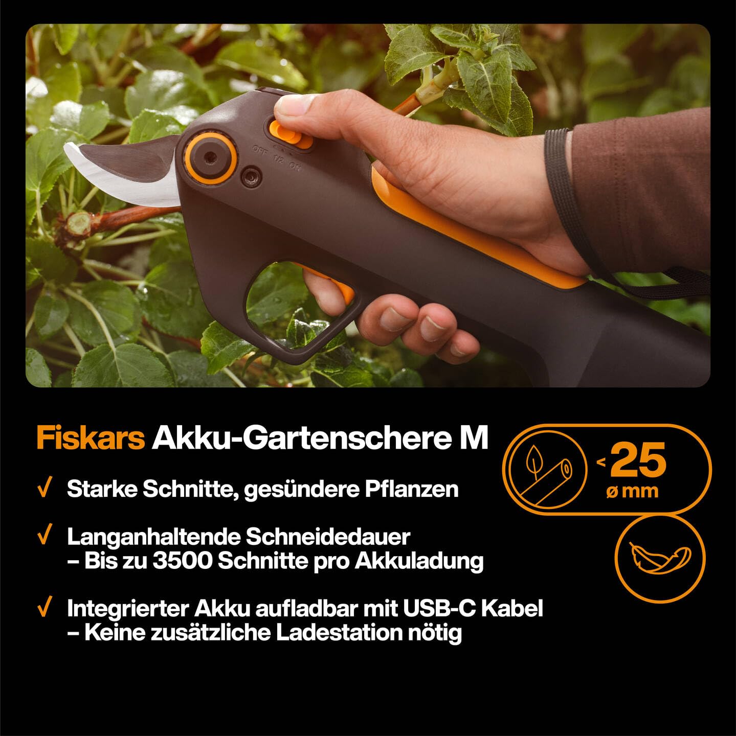 Fiskars cordless secateurs M Bypass, integrated 8V lithium-ion battery, 2 cutting modes, up to 3,500 cuts per charge, for branches up to Ø 25 mm, USB-C charging cable, black/orange, 1082297