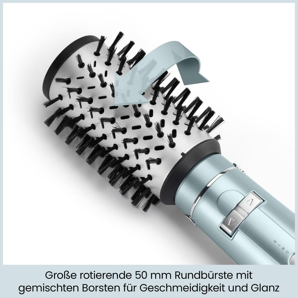 BaByliss Hydro Fusion rotating hot air brush with anti-frizz technology provides moisture and shine, hair dryer brush with ion technology, 1 attachment for volume and fullness, ice blue, AS773E