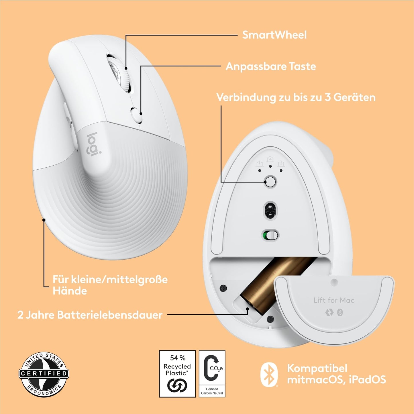 Logitech Wave Keys and Lift Vertical Mouse - Ergonomic Bundle - Wireless Keyboard with Padded Wrist Rest and Vertical Wireless Mouse - Bluetooth, Multi-OS, Windows/Mac - 910-006473