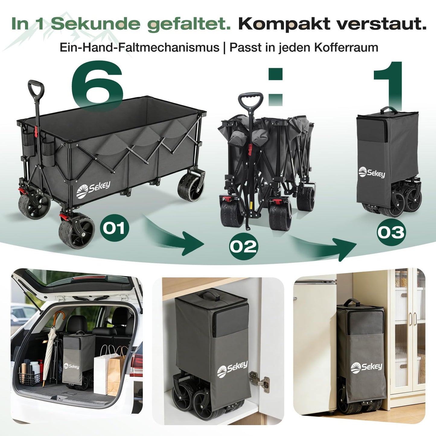Sekey XXXL Handcart Foldable 300L 200KG Heavy Duty, Extended Folding Handcart with Extra Width 17x10 cm All-Terrain Wheels Handcart, Patented 4-Way Instant Assembly Transport Cart, Anthracite - FW36-1