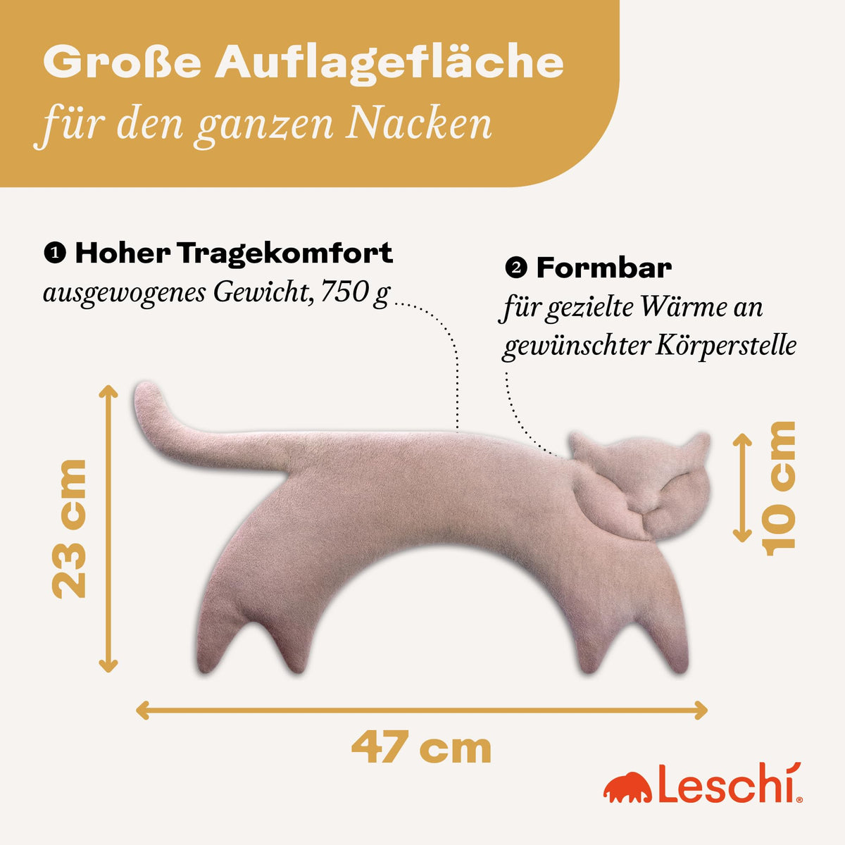 LESCHI Heat Cushion for Microwave (47x23 cm), made from 100% organic cotton and organic wheat, Cat Pink, grain cushion, neck warmer ideal as a heat source and for tension relief in the back, shoulders, neck, and throat. - 37144