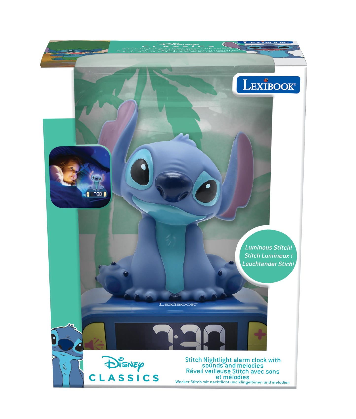 Lexibook, Disney Stitch, Night Alarm Clock, Sounds and Melodies, Backlit LCD Display, Illuminated, Snooze Function, Blue, RL800D
