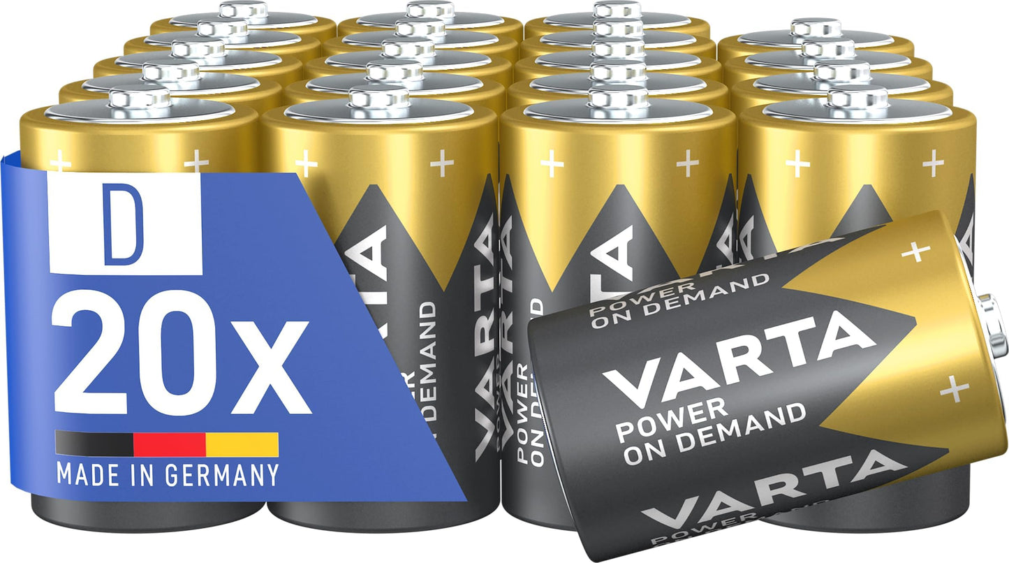 VARTA batteries D Mono, 20 pieces, power on demand, alkaline, supply pack, smart, flexible, powerful, ideal for computer accessories, smart home devices - 402