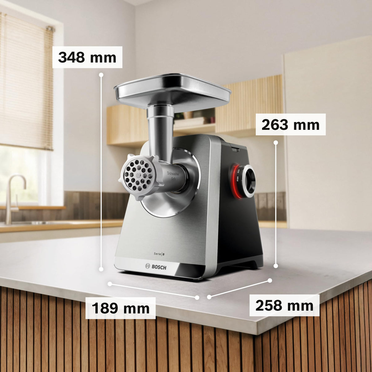 Bosch Răzătoare de carne Serie 8, 3 discuri de tăiere (3/4,5 / 8mm), oțel inoxidabil, lavabilă în mașina de spălat vase, accesorii pentru Kebbe și cârnați, feliator continuu, puterea motorului 2.500 W, electric, MultiPower MFWS840M