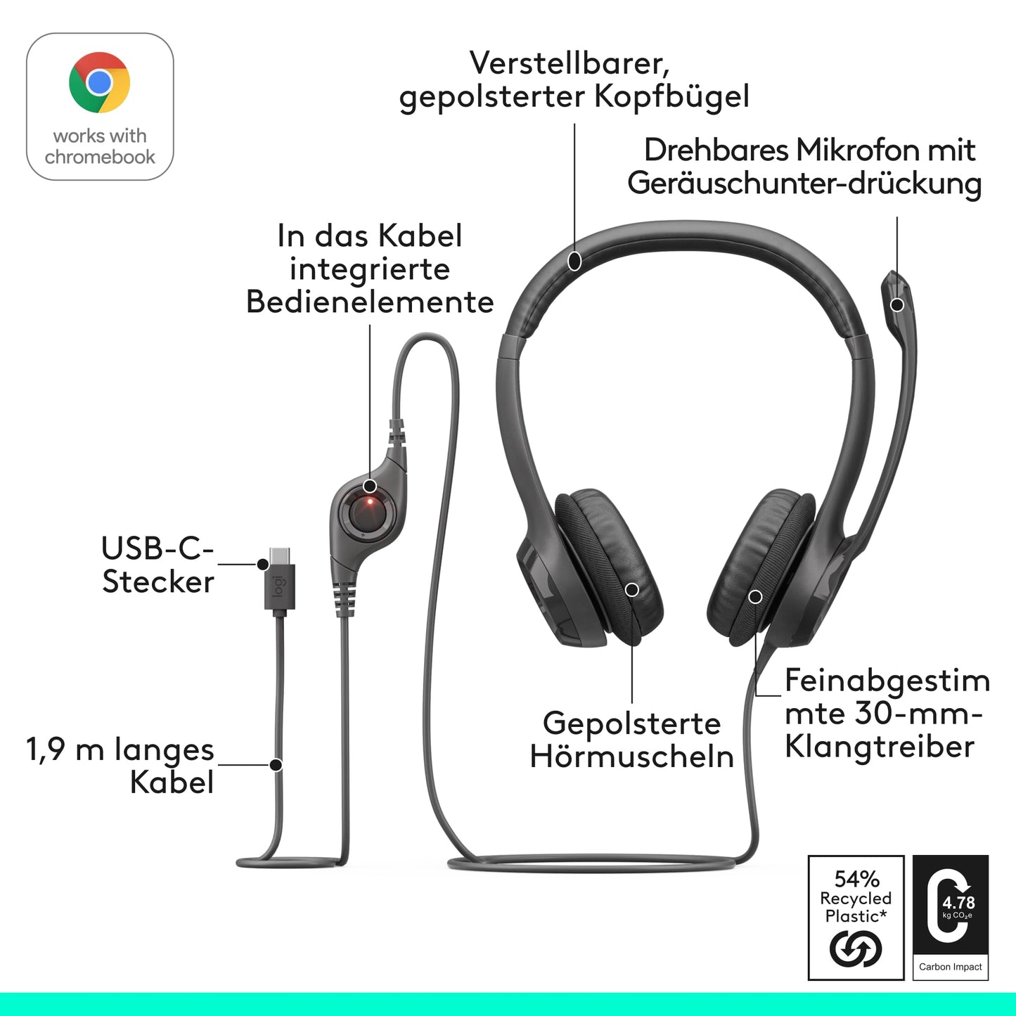 Logitech H390 Wired Headset for PC/Notebook, Stereo Headphones with Noise Canceling Microphone, Stereo, Wired Controls, Works with Chromebook - BLACK - 981-001576