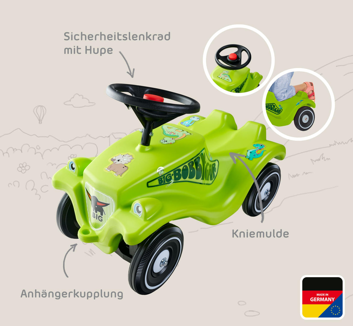 Big Bobby Car Classic Dino - Ride-on car for children from 1 year old in colorful dinosaur design with a black safety steering wheel and horn, suitable for kids from 12 months (up to 50 kg), green with stickers. - 800056143
