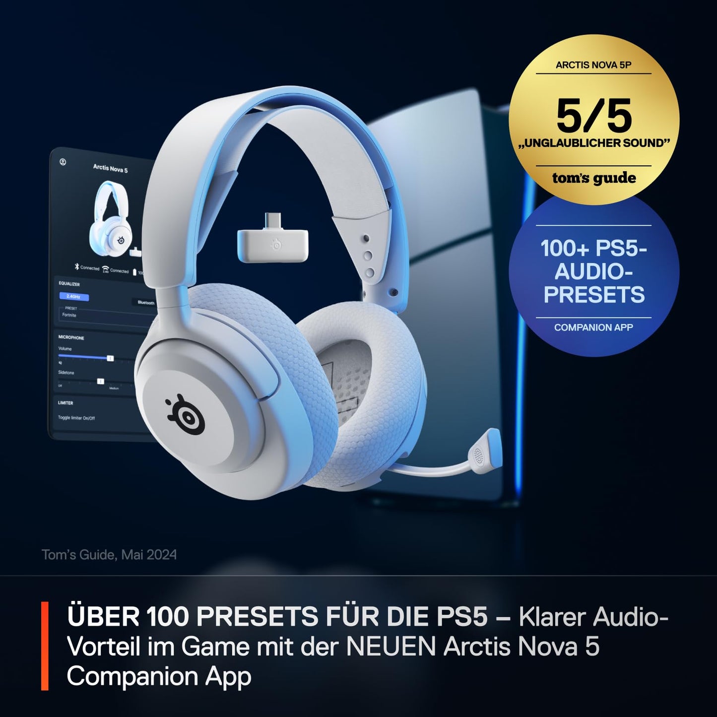 SteelSeries Arctis Nova 5P Wireless - Gaming Headset Multi-System -PS5,PC - Magnetic Neodymium Drivers -Over 100 Audio Presets -60H Battery Life -2.4 GHz or BT -ClearCast Gen2.X Microphone -White - 61674