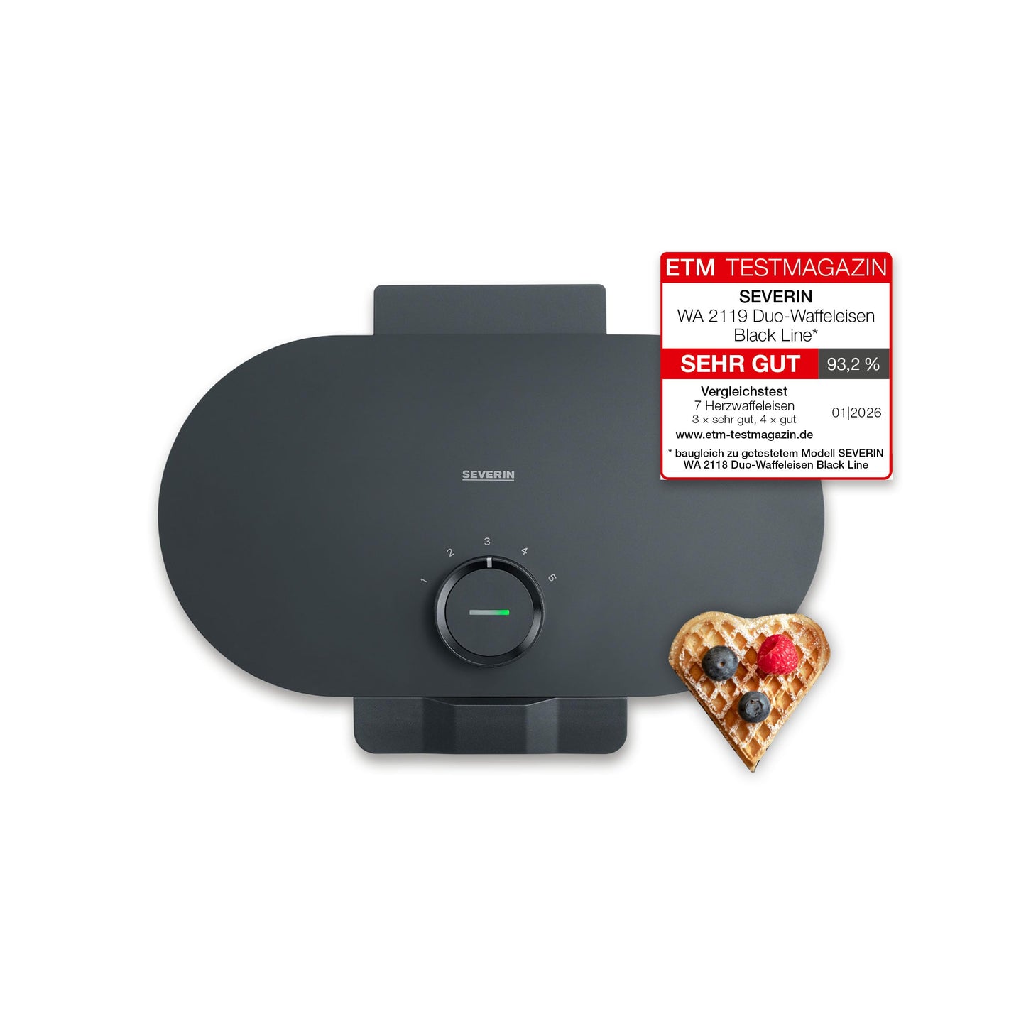 SEVERIN Duo waffle iron Black Line, double waffle iron for heart waffles, PFAS-free coating, with indicator light, practical cable winder, 1,200 watts, matt black, WA 2119