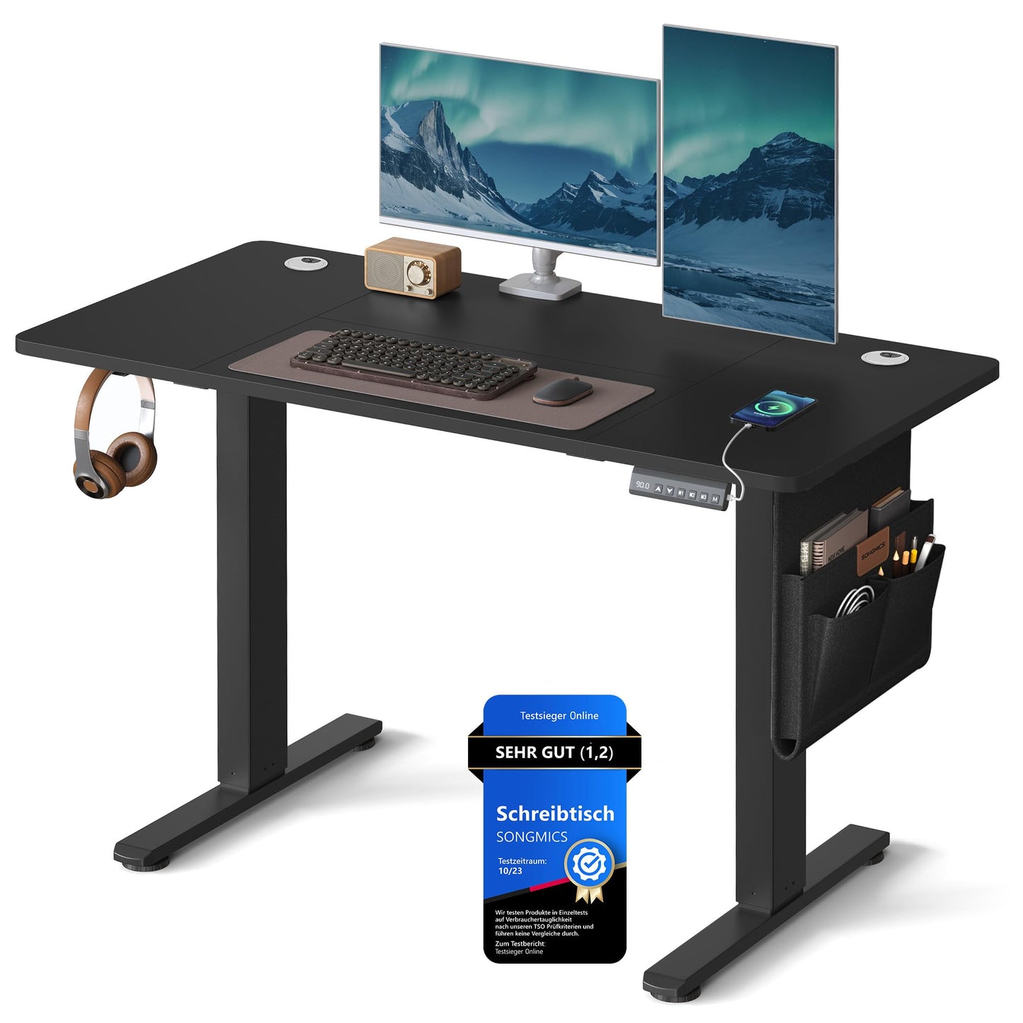 SONGMICS Height-adjustable desk electric, 120 x 60 cm, adjustable table, memory function for 4 heights, for office, ink black LSD132B01 - LSD015X01