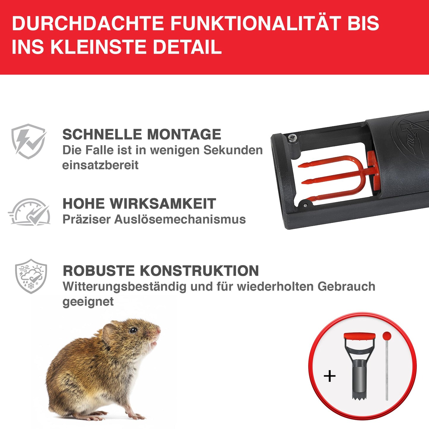 SWISSINNO vole trap PRO SuperCat incl. accessory set - efficient snap trap against field mice and voles, patented trigger mechanism, safe + reusable - 2 traps + 1 accessory set
