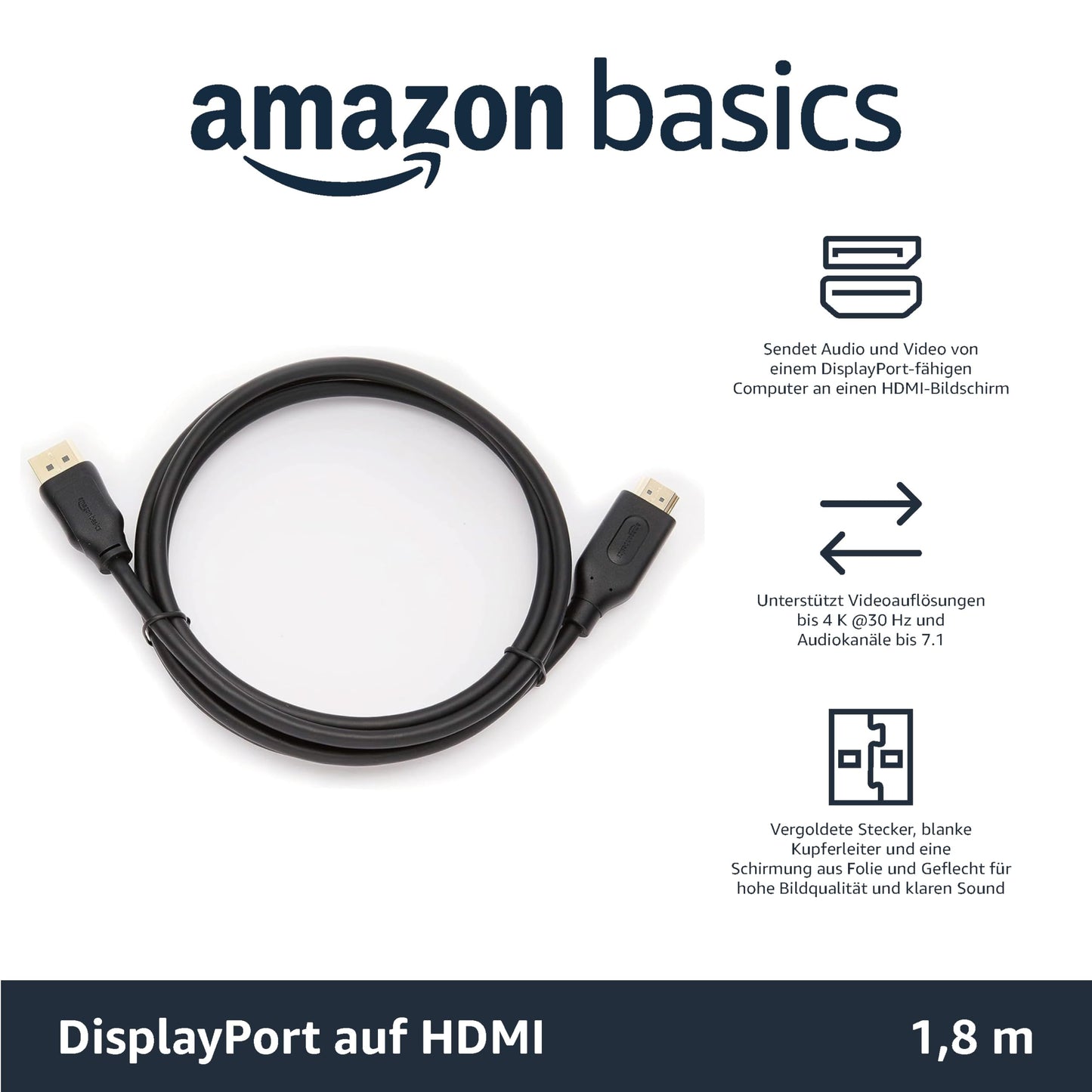 Amazon Basics DisplayPort to HDMI, 1.8 m, 10 pieces, black - DPH12M-6FT-10P