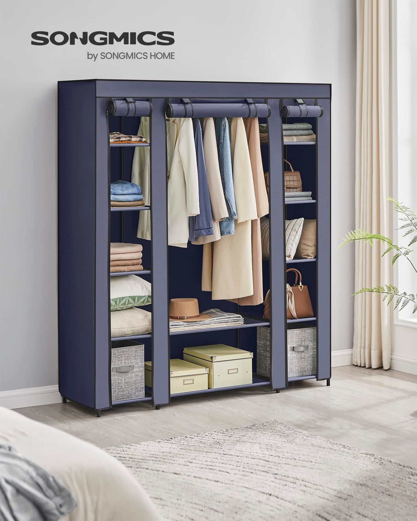 SONGMICS Wardrobe, fabric wardrobe, with non-woven fabric cover, folding wardrobe with clothes rail, 45 x 150 x 175 cm, 12 shelves, metal frame, wardrobe for bedroom, navy blue LSF003I02 - 0194343040943