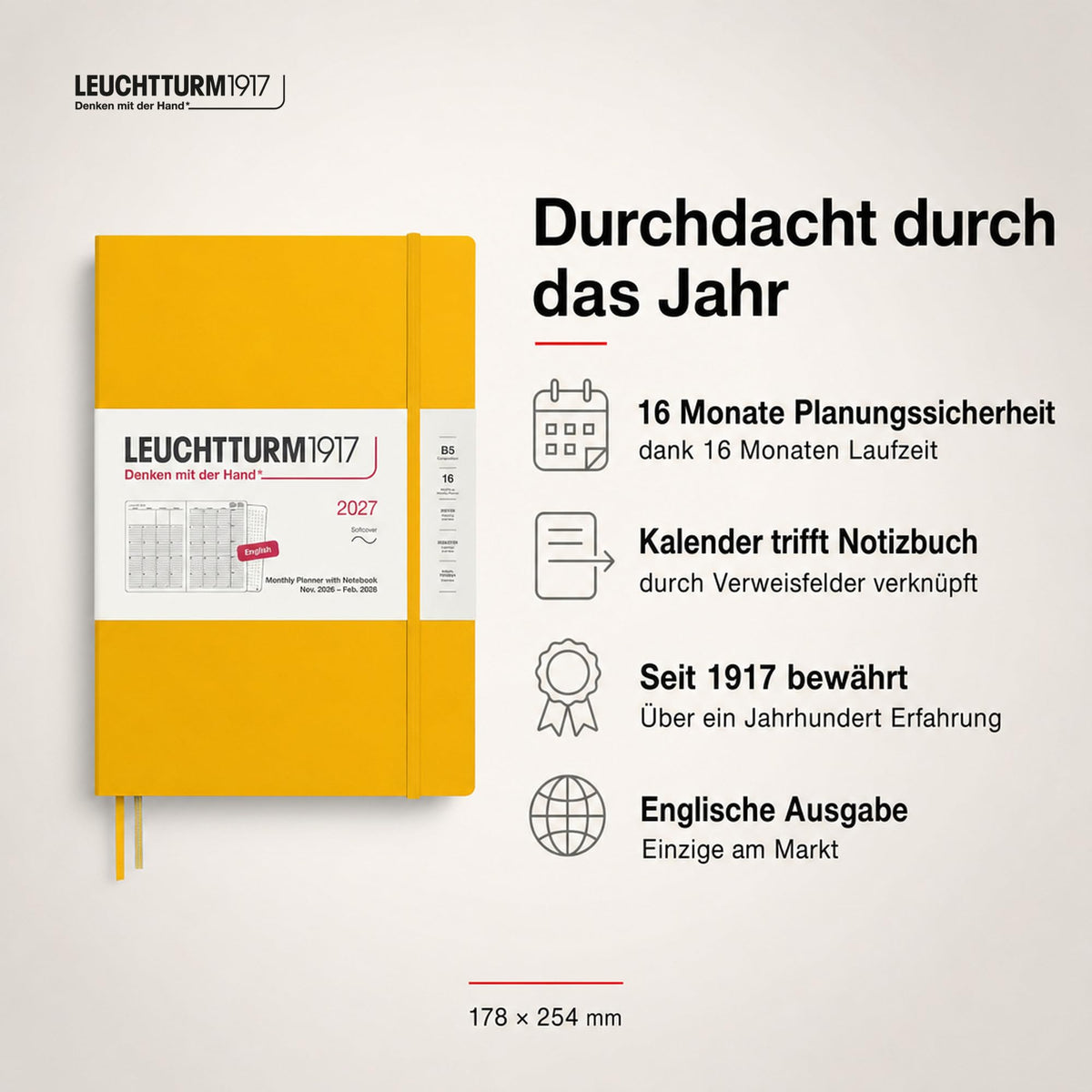 LEUCHTTURM1917 planificator lunar cu caiet 2027 Compoziție (B5) - engleză, floarea soarelui, copertă moale, 16 luni (01.11.2026-28.02.2028), 132 pagini de note punctate cu cuprins - 400339