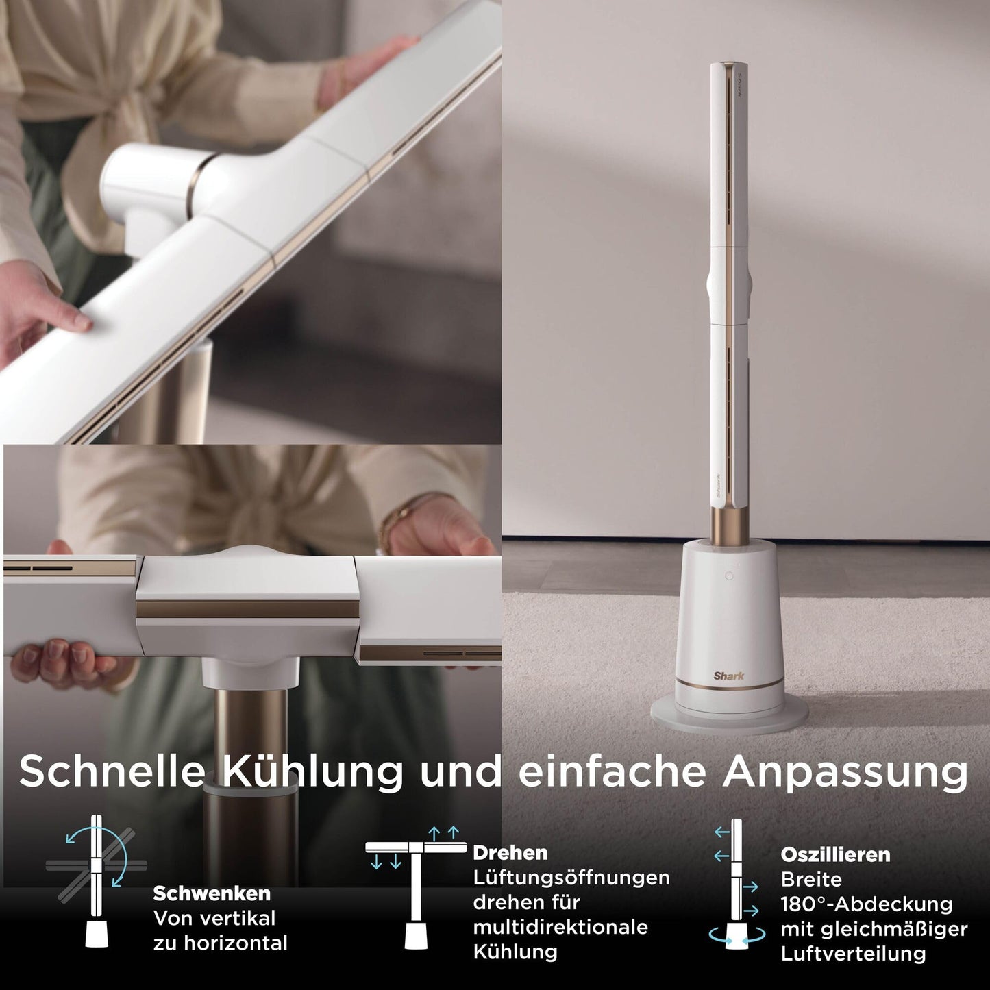 Shark TurboBlade Tower Fan, Quiet, High Speed System, Air Circulation up to 20 Meters, 10 Speeds, 180° Oscillation, Remote Control, Timer, Easy Cleaning, White TF200SEUWH