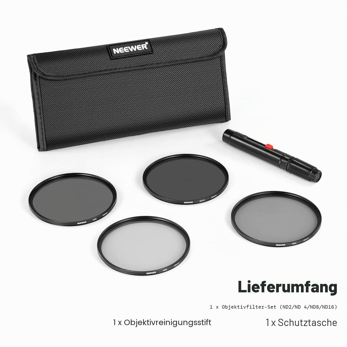 NEEWER 55mm ND filter set ND2 ND4 ND8 ND16, lens cleaning pen, filter bag, gray filter and accessories set, compatible with Canon Nikon Sony Panasonic DSLR cameras with 55mm lens - NW - 10101720