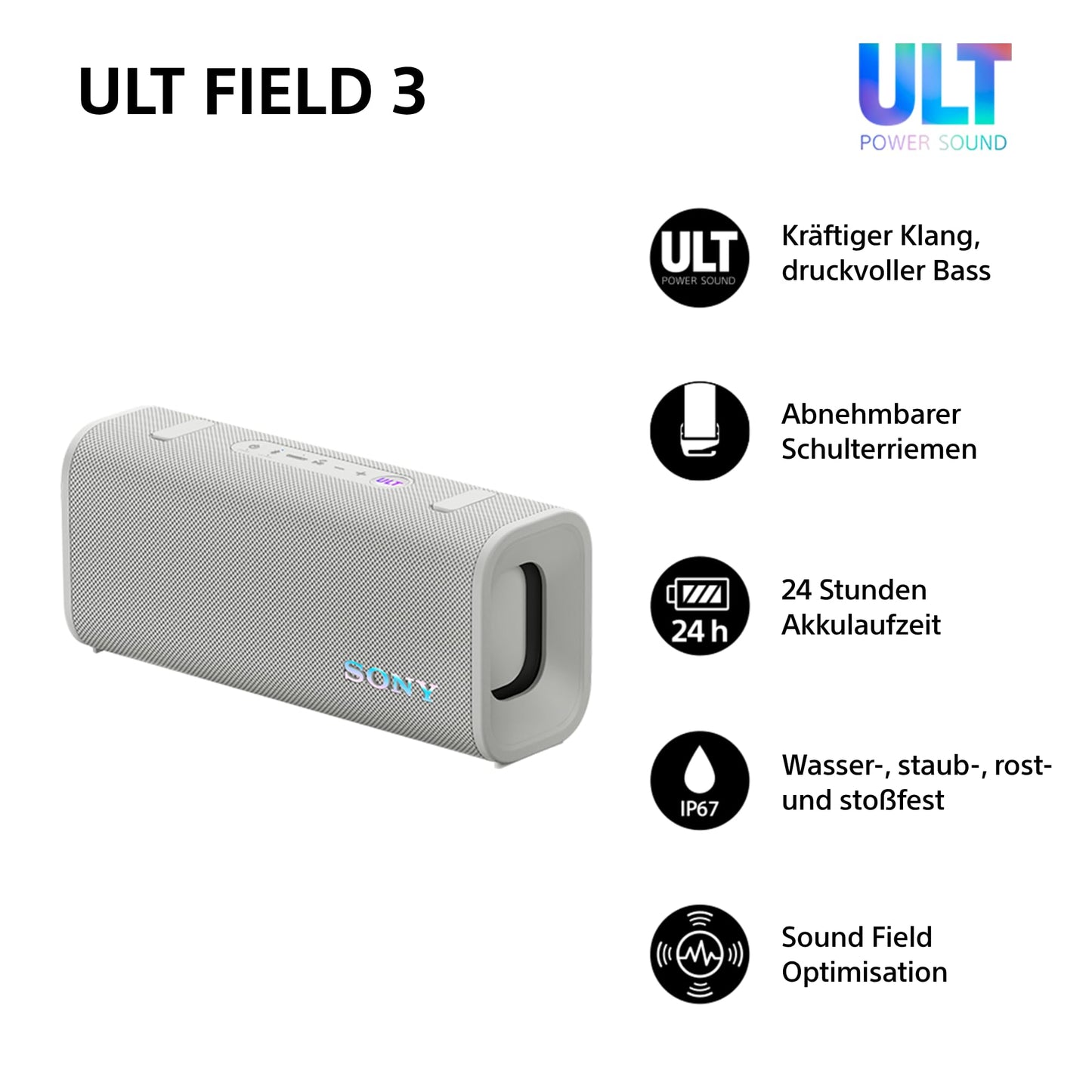 Sony ULT Field 3 - Portable Bluetooth Speaker with ULT Power Sound, 24 Hour Battery, IP67, Waterproof, Dustproof, Shockproof, Detachable Shoulder Strap, Compact - Off-White - SRSULT30W.CE7