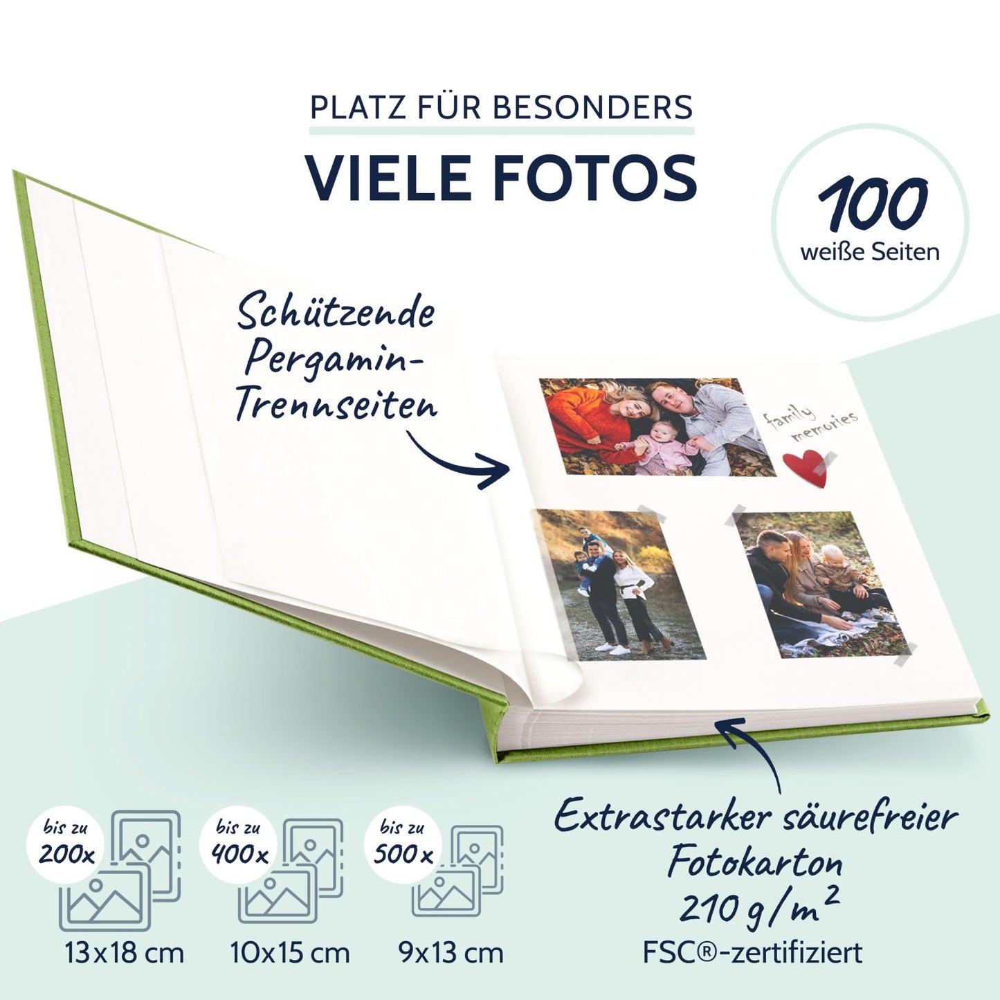 goldbuch 31805 photo album Summertime Trend, 30 x 31 cm, photo book with 100 white pages with glassine dividers, album for gluing photos, linen cover, memory album, light green