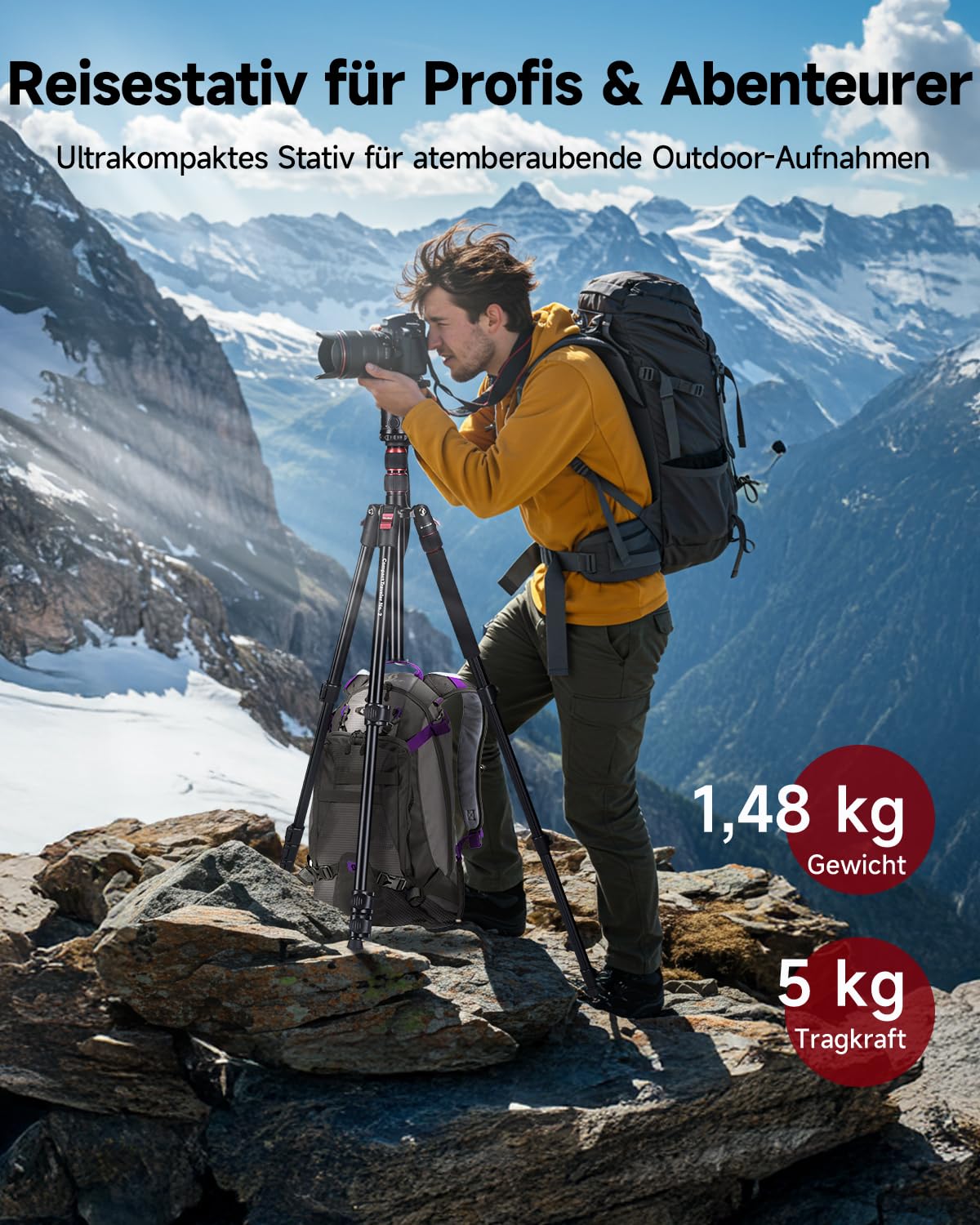 Rollei Compact Traveler No. 2 tripod black, 180cm tripod camera 360° ball head compact aluminum travel tripod with monopod function tripod for DSLR camera photo tripod with mobile phone holder - 23150