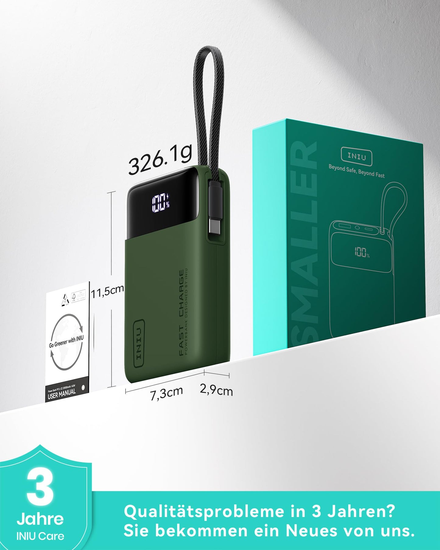 INIU 45W Power Bank, Ultra Small 20000mAh Power Bank with Integrated USB C Cable, Quick Charging External Mobile Phone Batteries for Camping, Hiking, Outdoor Activities, Festival Use, Green - P51L