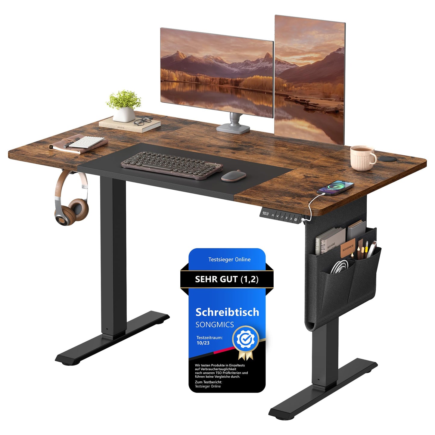 SONGMICS Electric height-adjustable desk, 120 x 60 cm, infinitely adjustable, memory function with 4 heights, vintage brown-ink black LSD015X01 - VA-LSD015X01